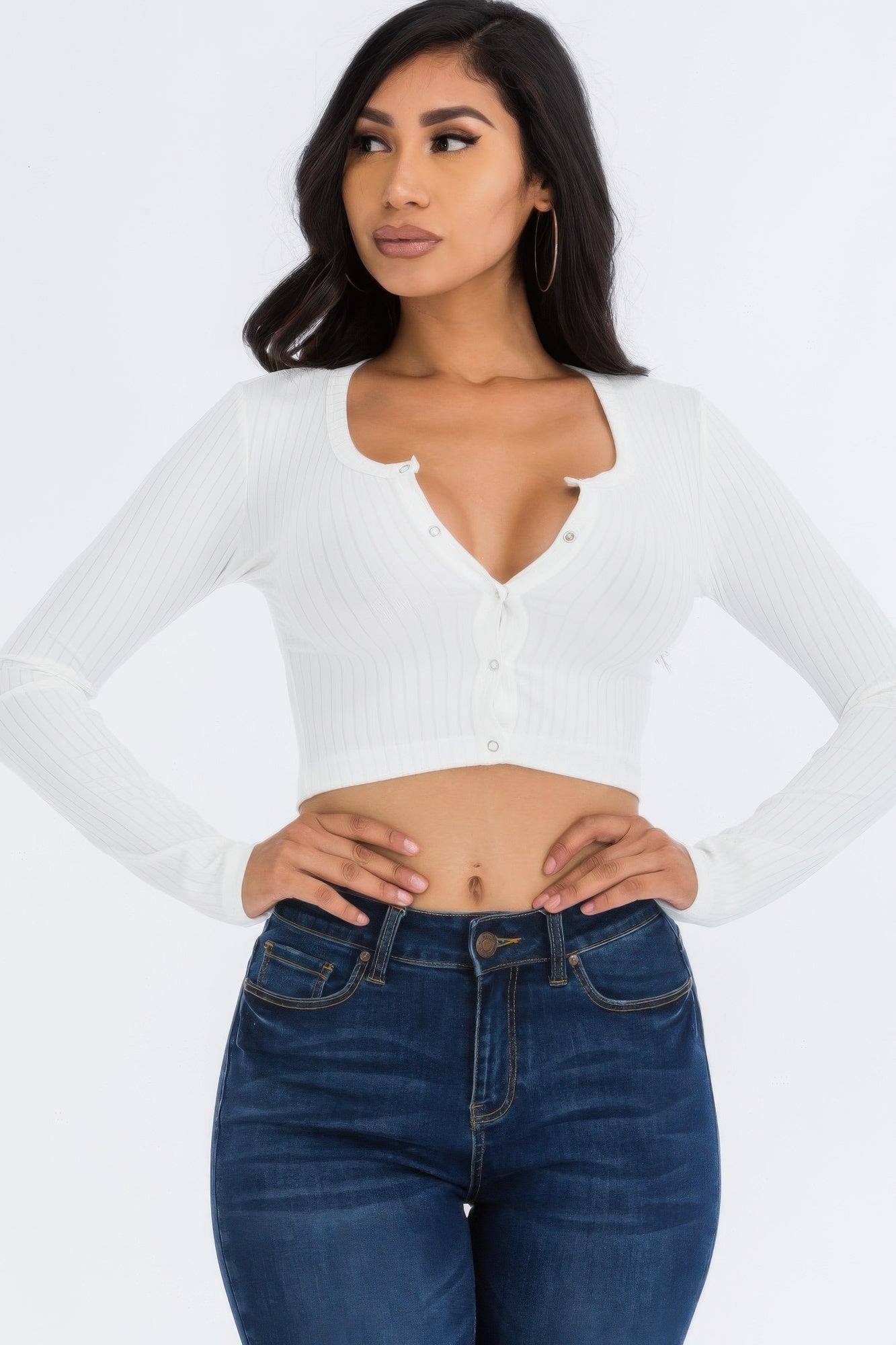 Ribbed Long Sleeve Snap Button Down Crop Top  Shop One Place