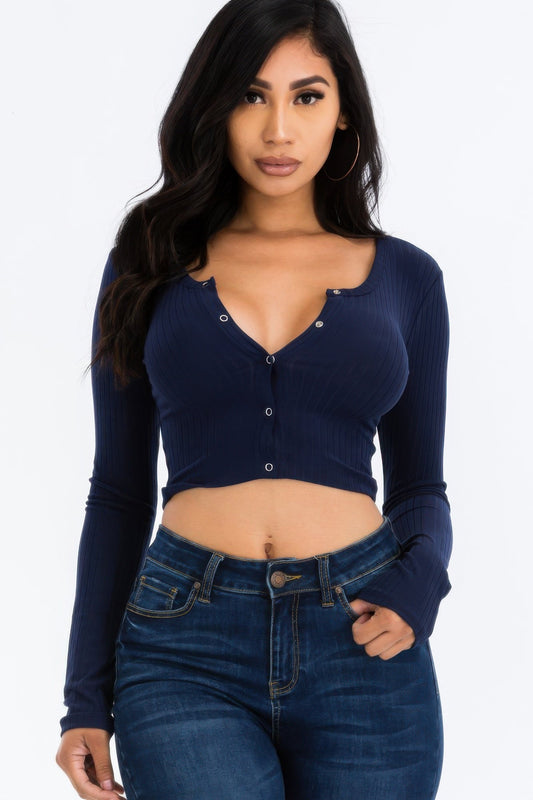 Ribbed Long Sleeve Snap Button Down Crop Top  Shop One Place