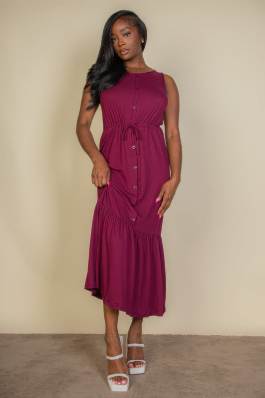 Button Front Tie Waist Sleeveless Maxi Dress  Shop One Place