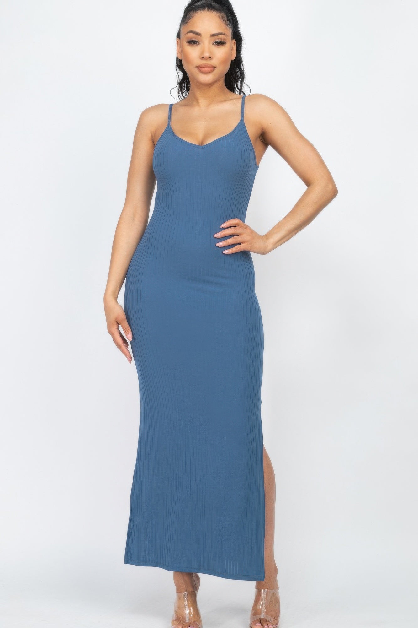 Ribbed Side Slit Long Cami Dress  Shop One Place