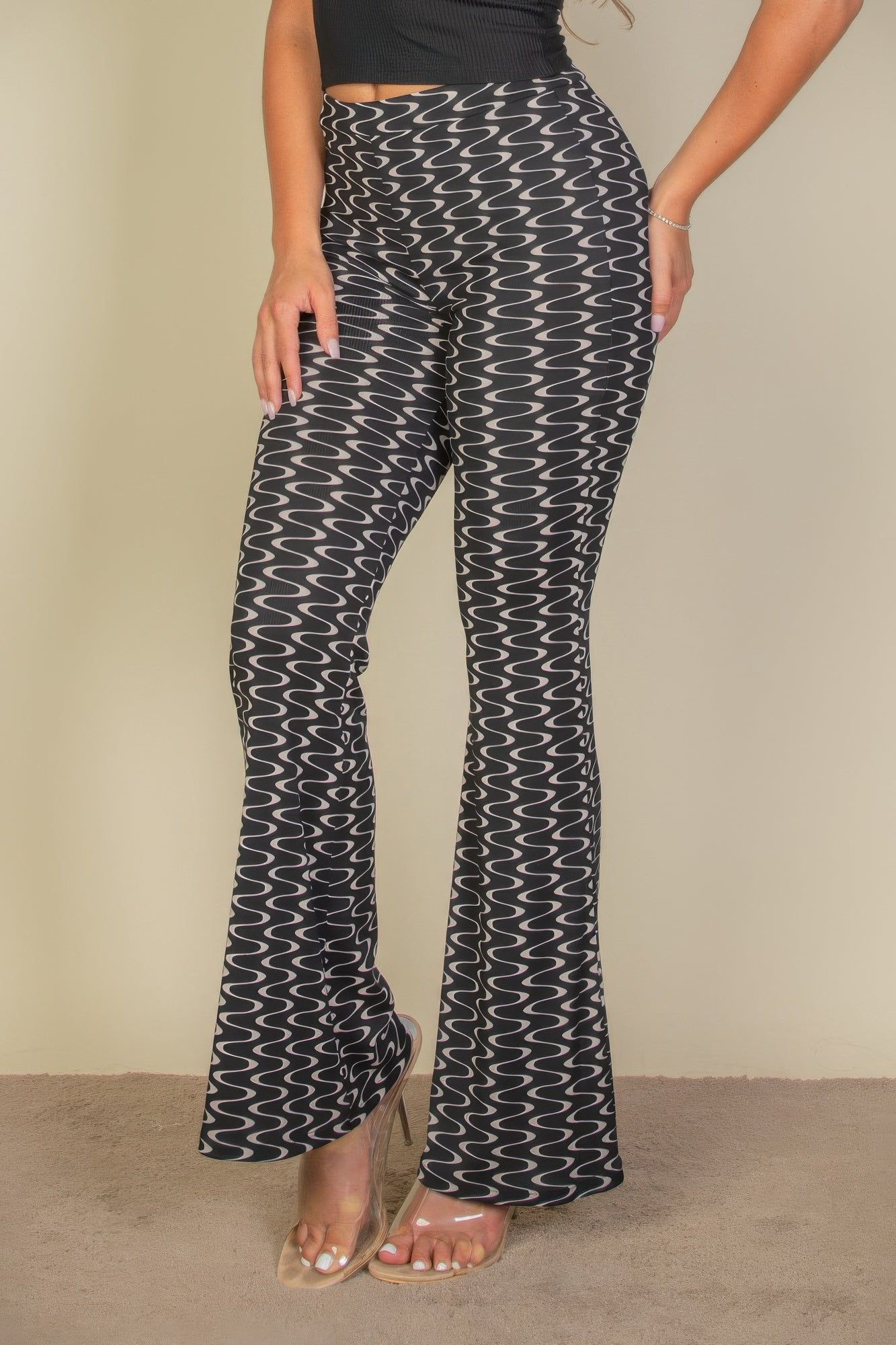 Wavy Print High Waist Flare Pants