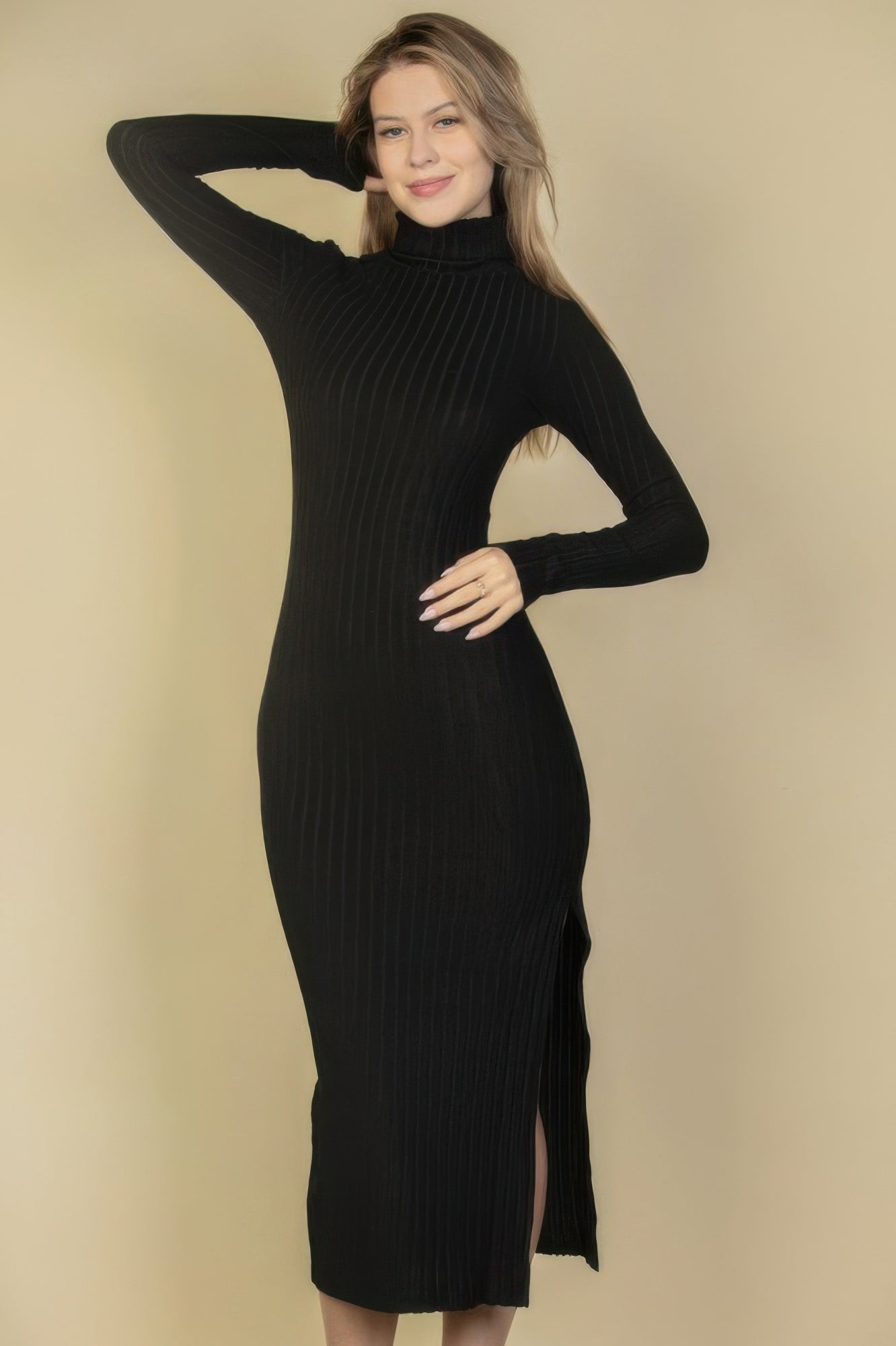 Sweater-knit Fuzzy Turtle Neck Split Thigh Dress  Shop One Place