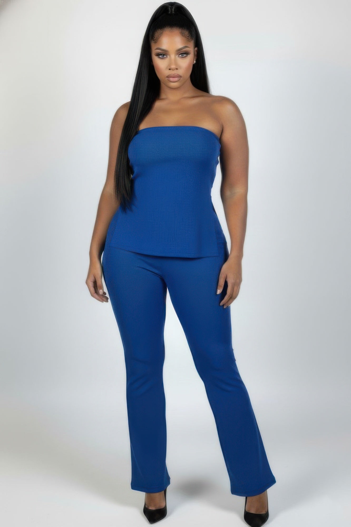Plus Size Ultra-fine Ribbed Slit Tube Top & High-waist Flare Pants Set  Shop One Place