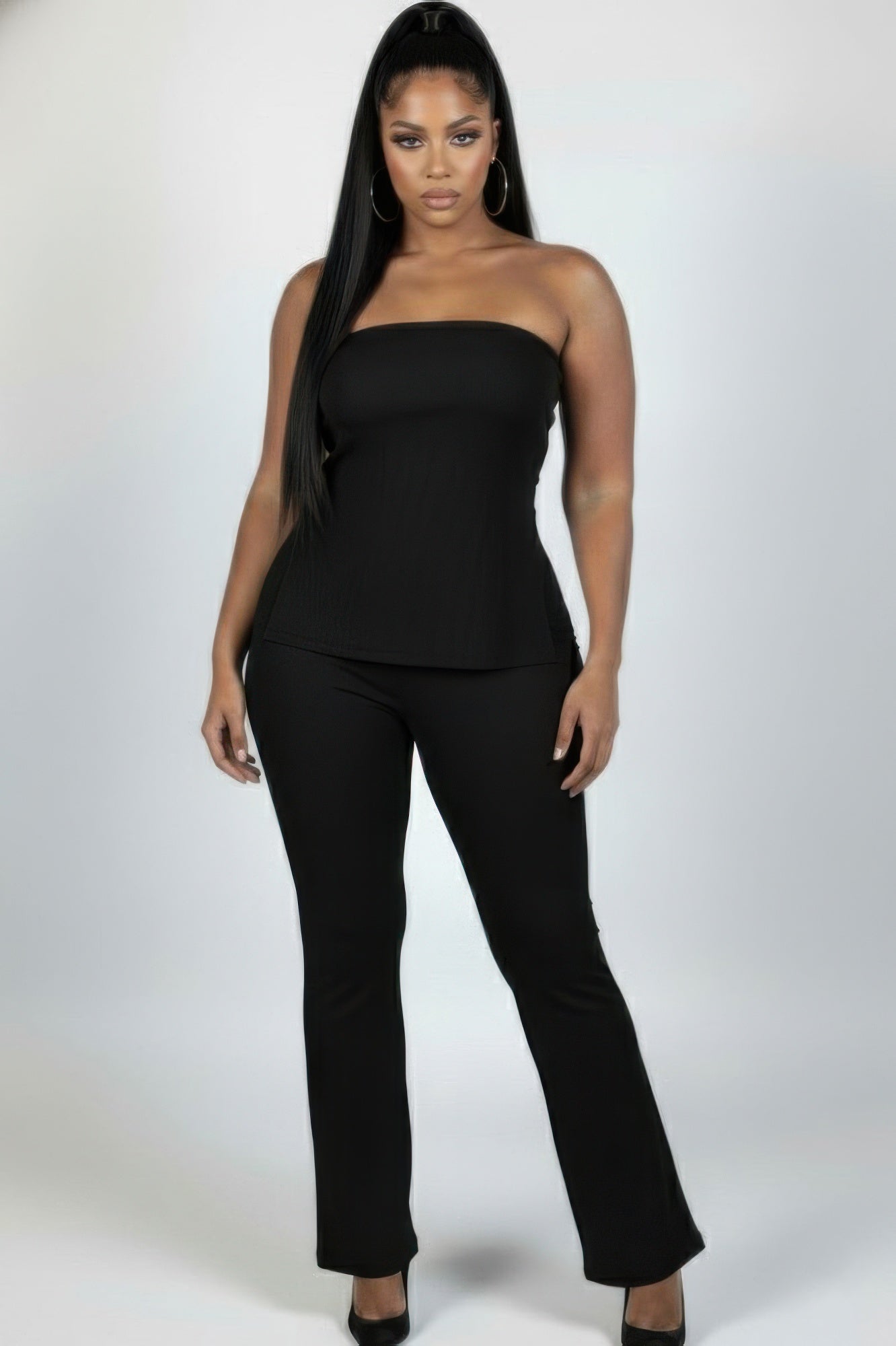 Plus Size Ultra-fine Ribbed Slit Tube Top & High-waist Flare Pants Set  Shop One Place
