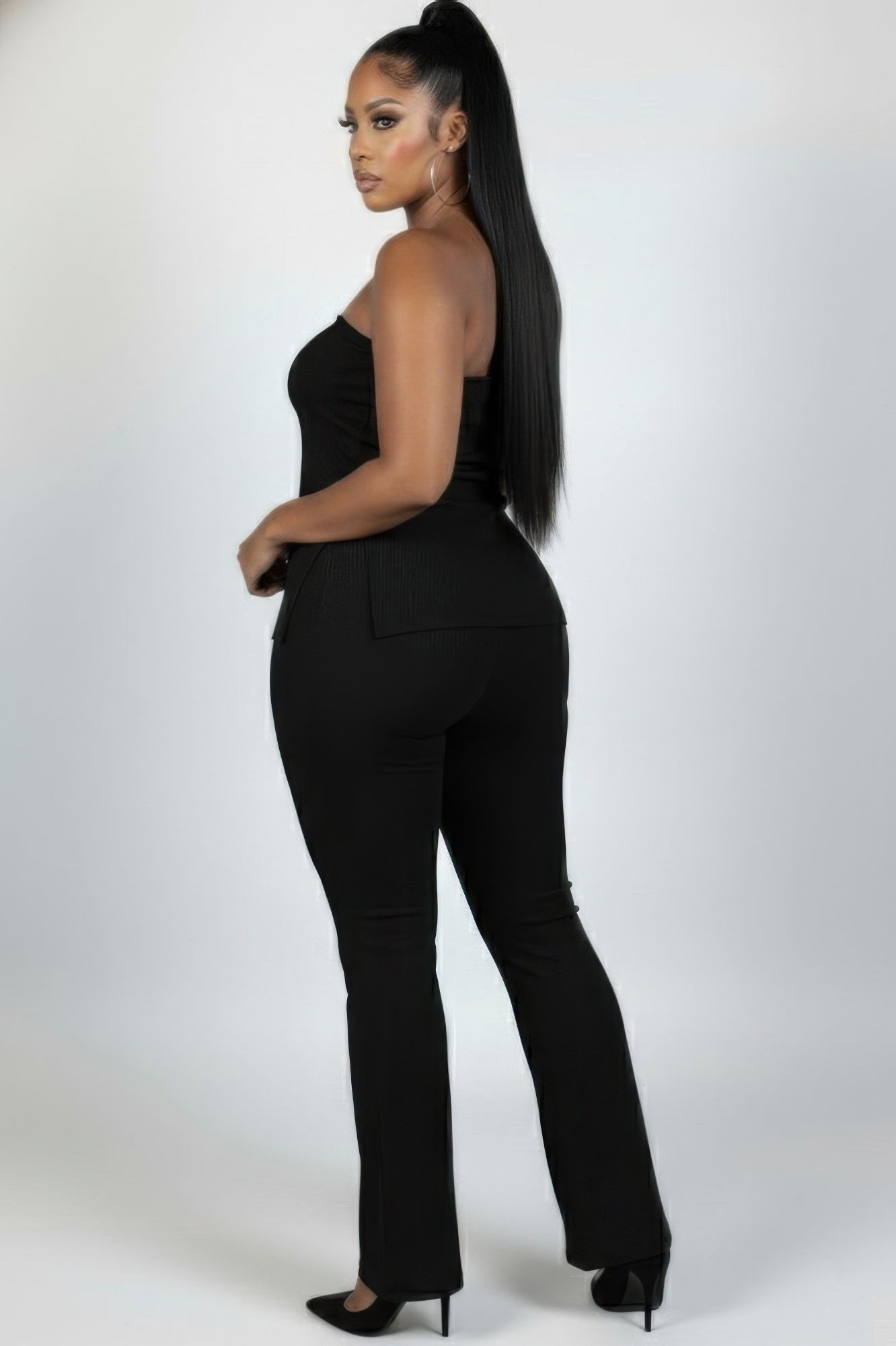 Plus Size Ultra-fine Ribbed Slit Tube Top & High-waist Flare Pants Set  Shop One Place