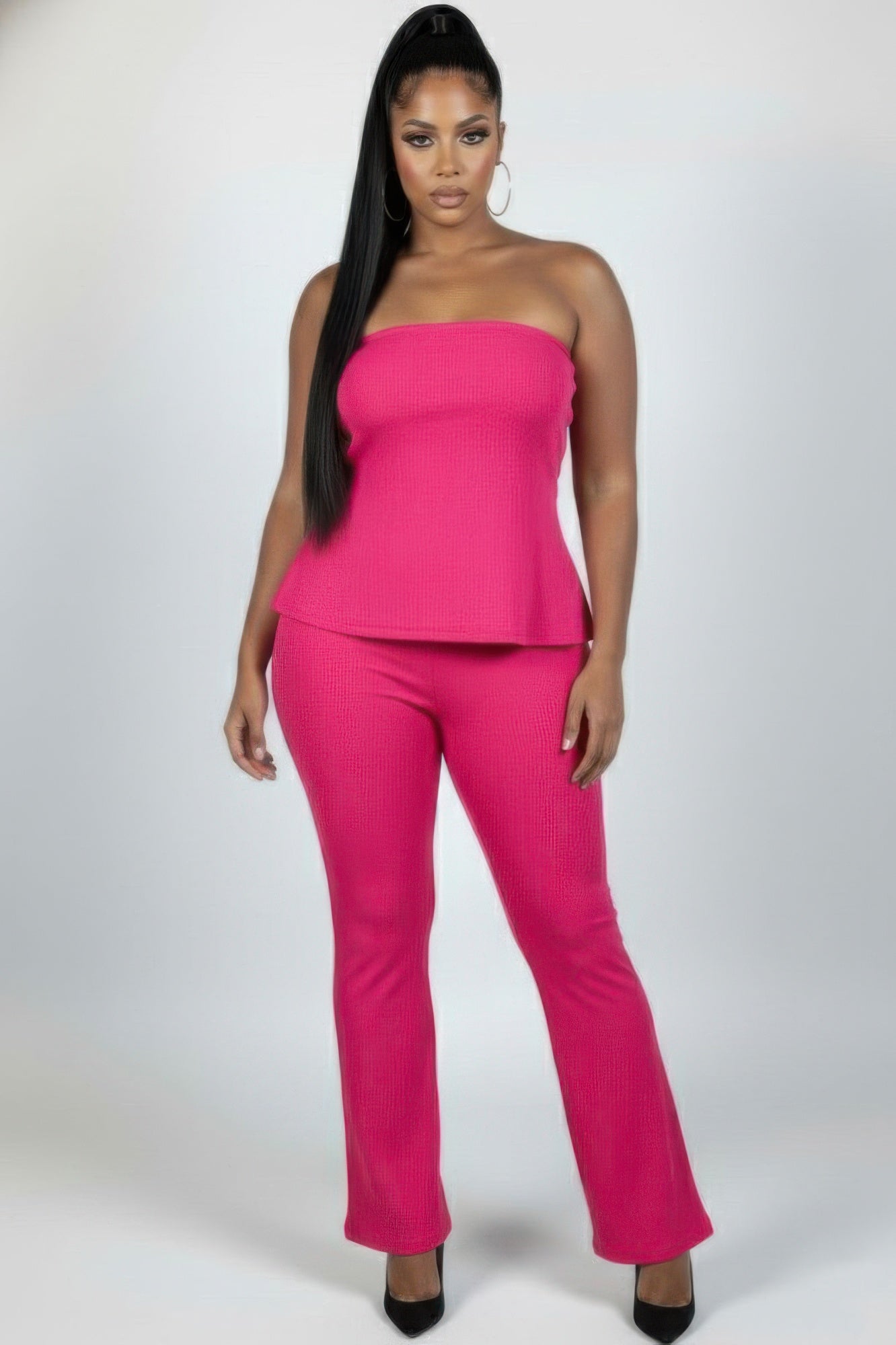 Plus Size Ultra-fine Ribbed Slit Tube Top & High-waist Flare Pants Set  Shop One Place
