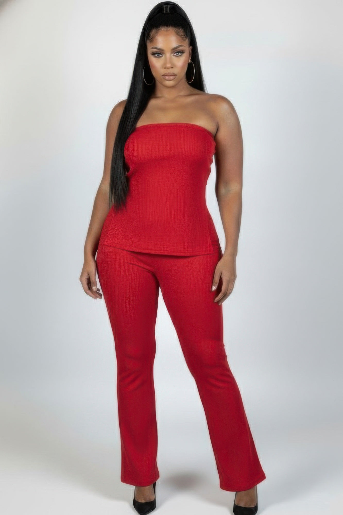 Plus Size Ultra-fine Ribbed Slit Tube Top & High-waist Flare Pants Set  Shop One Place
