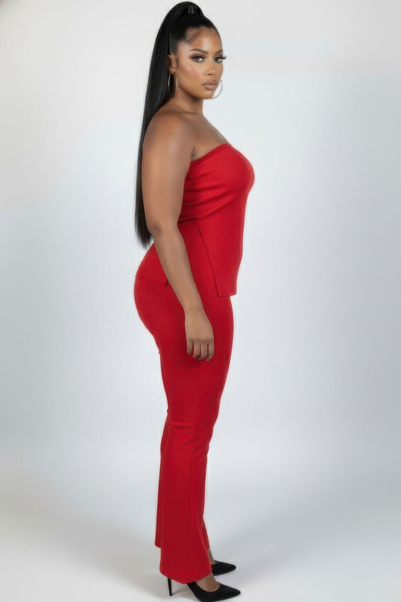 Plus Size Ultra-fine Ribbed Slit Tube Top & High-waist Flare Pants Set  Shop One Place