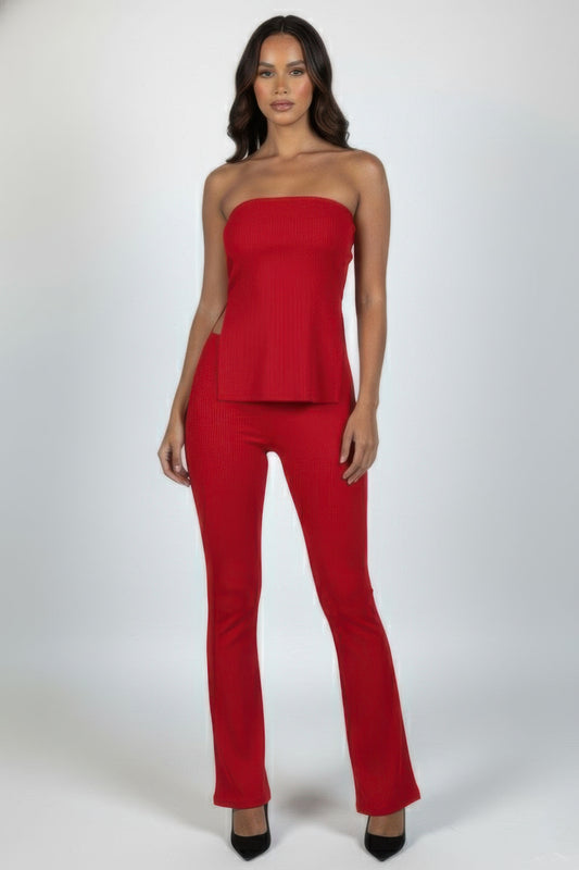 Ribbed Slit Tube Top & High-waist Flare Pants Set  Shop One Place