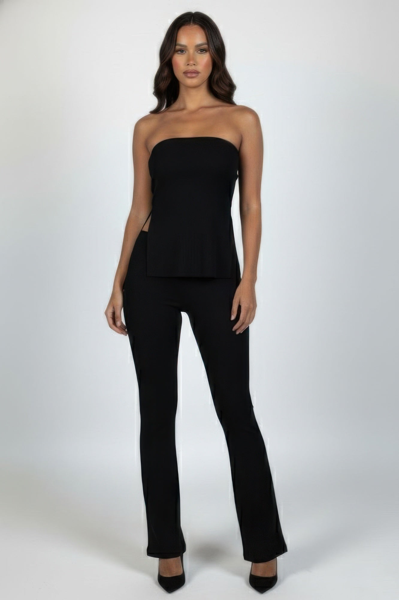 Ribbed Slit Tube Top & High-waist Flare Pants Set  Shop One Place