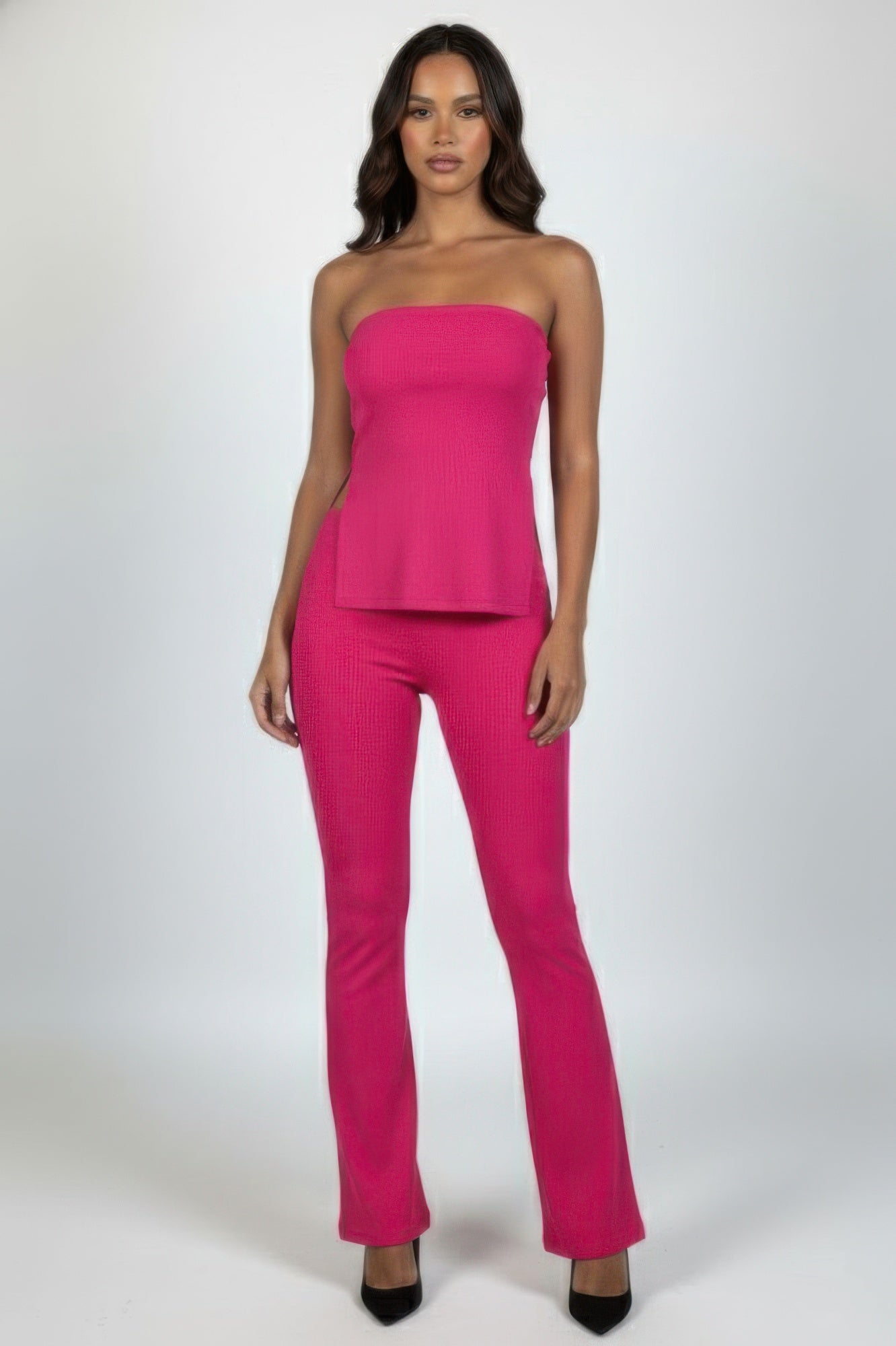 Ribbed Slit Tube Top & High-waist Flare Pants Set  Shop One Place