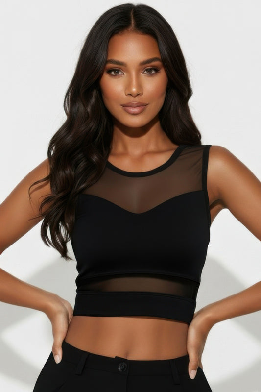 Sheer Mesh Panel Crop Tank Top  Shop One Place