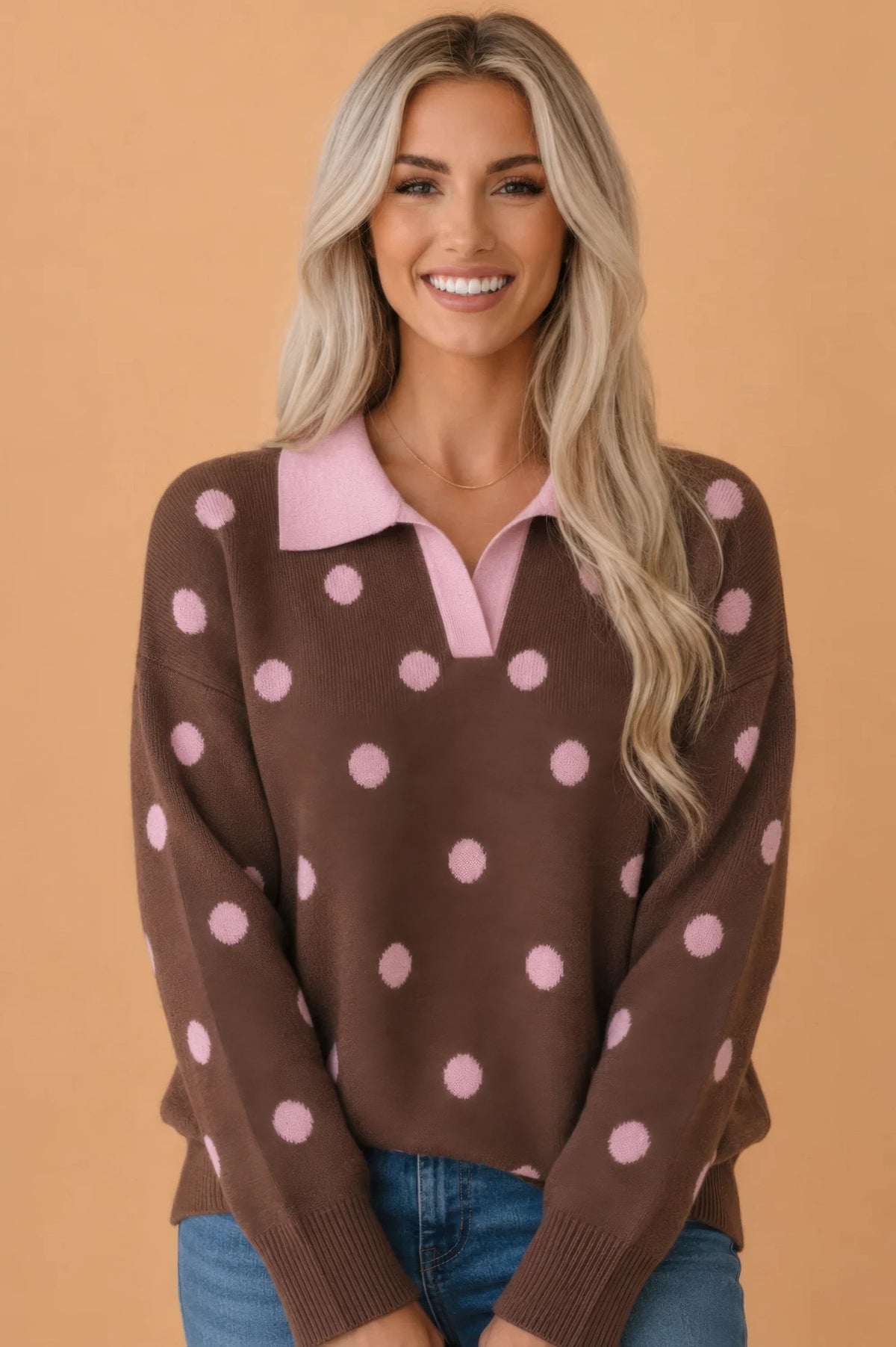 Women's Polka Dot Collared V-Neck Sweater