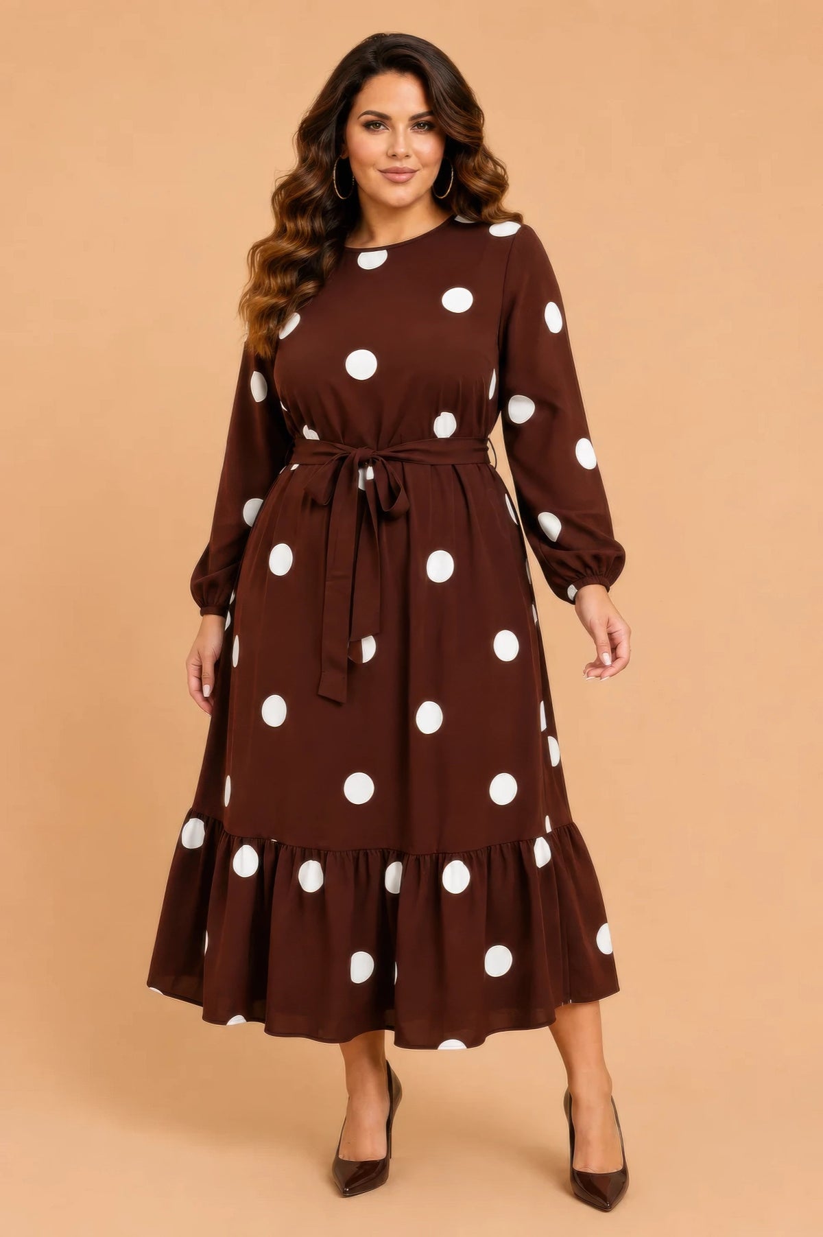 Women's Plus Size Polka Dot Ruffle Hem Midi Dress