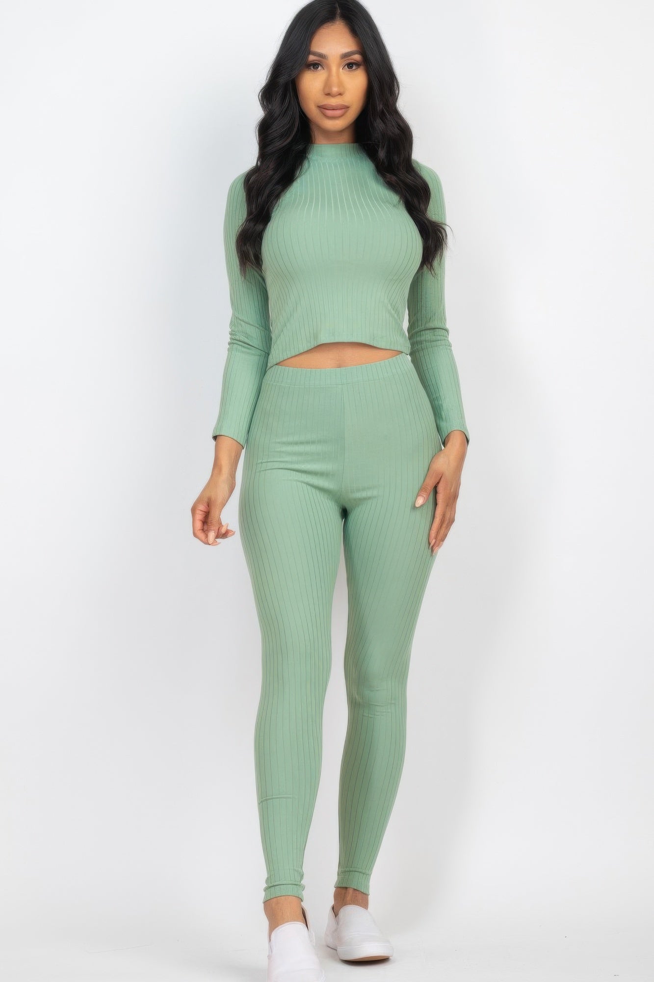Ribbed Mock Neck Long Sleeve Top & Leggings Set  Shop One Place
