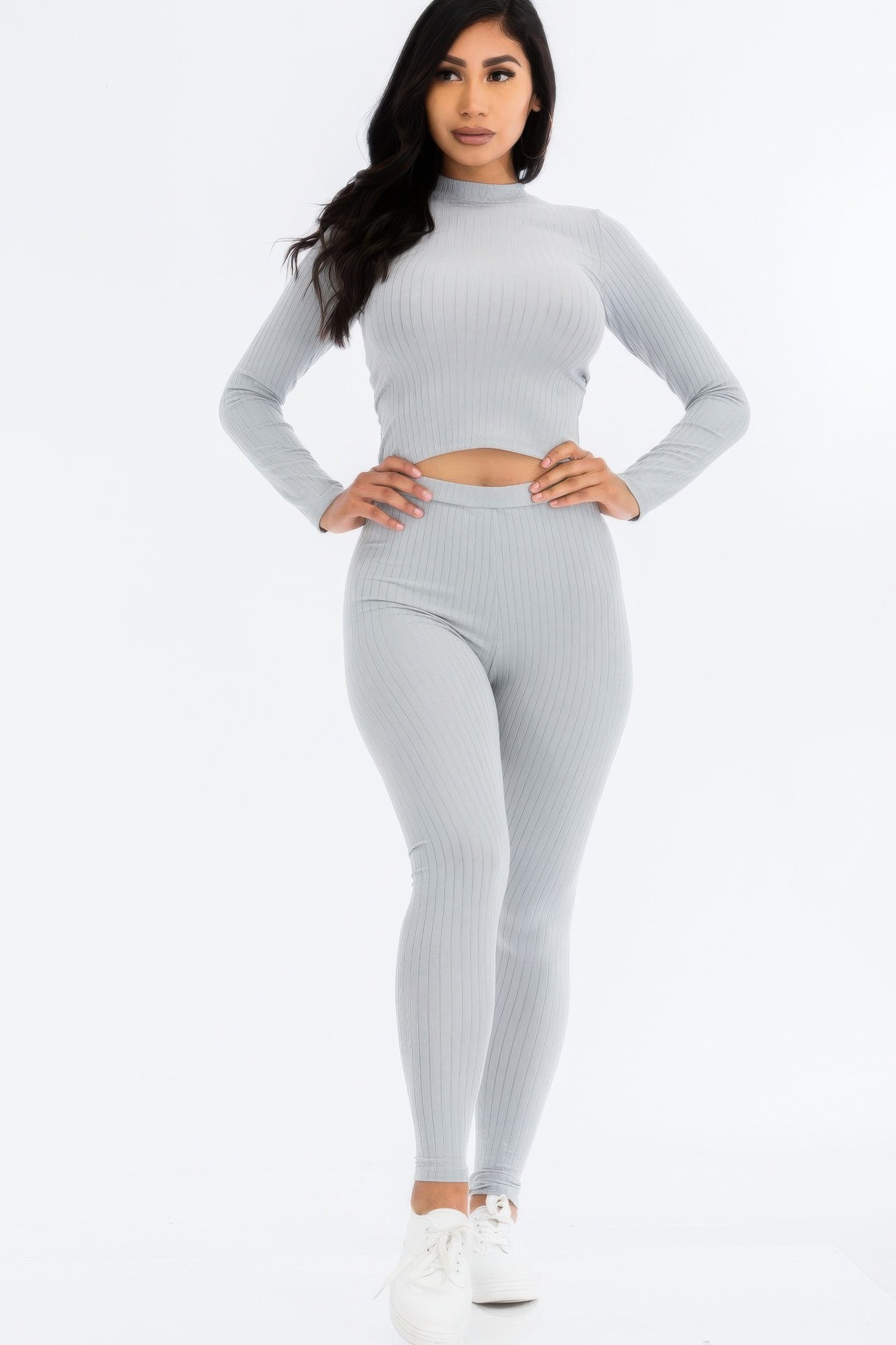 Ribbed Mock Neck Long Sleeve Top & Leggings Set  Shop One Place