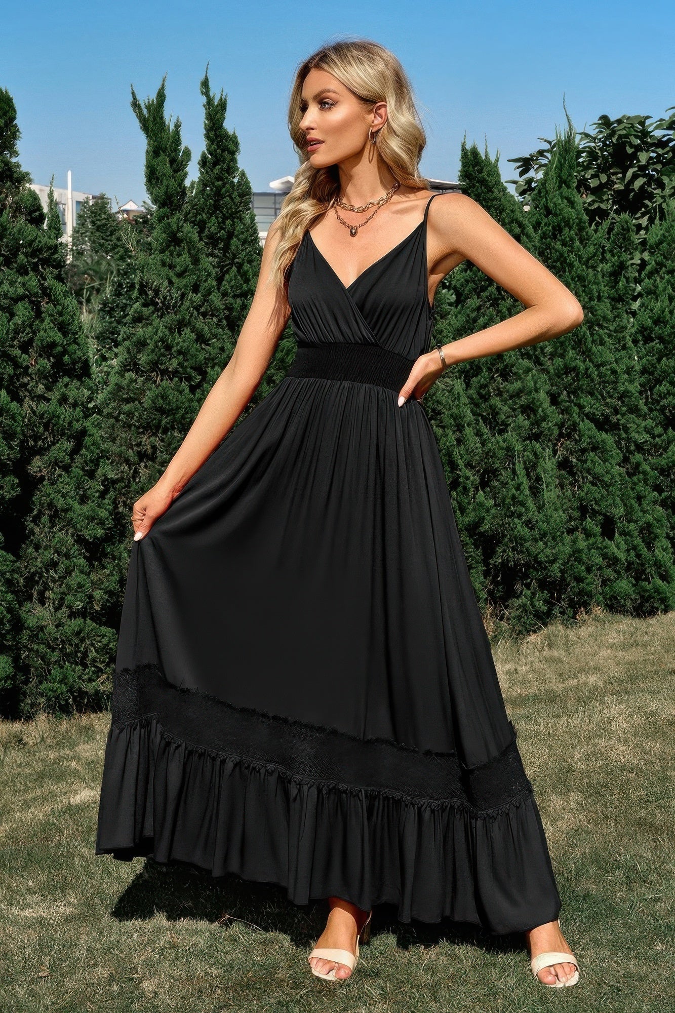 Solid V Neck Sleeveless Paghetti Strap Dress  Shop One Place