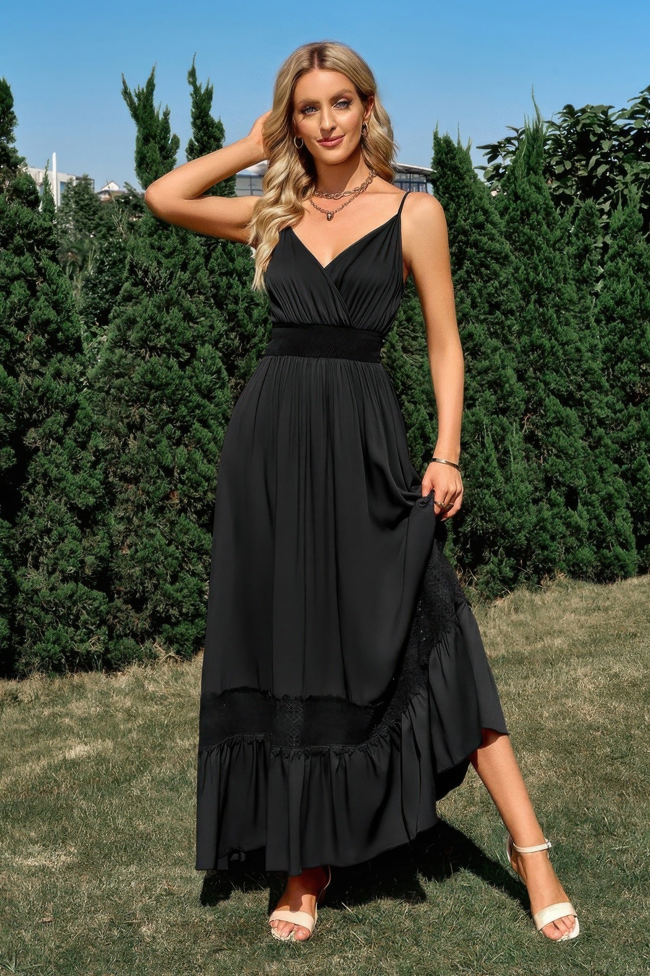 Solid V Neck Sleeveless Paghetti Strap Dress  Shop One Place