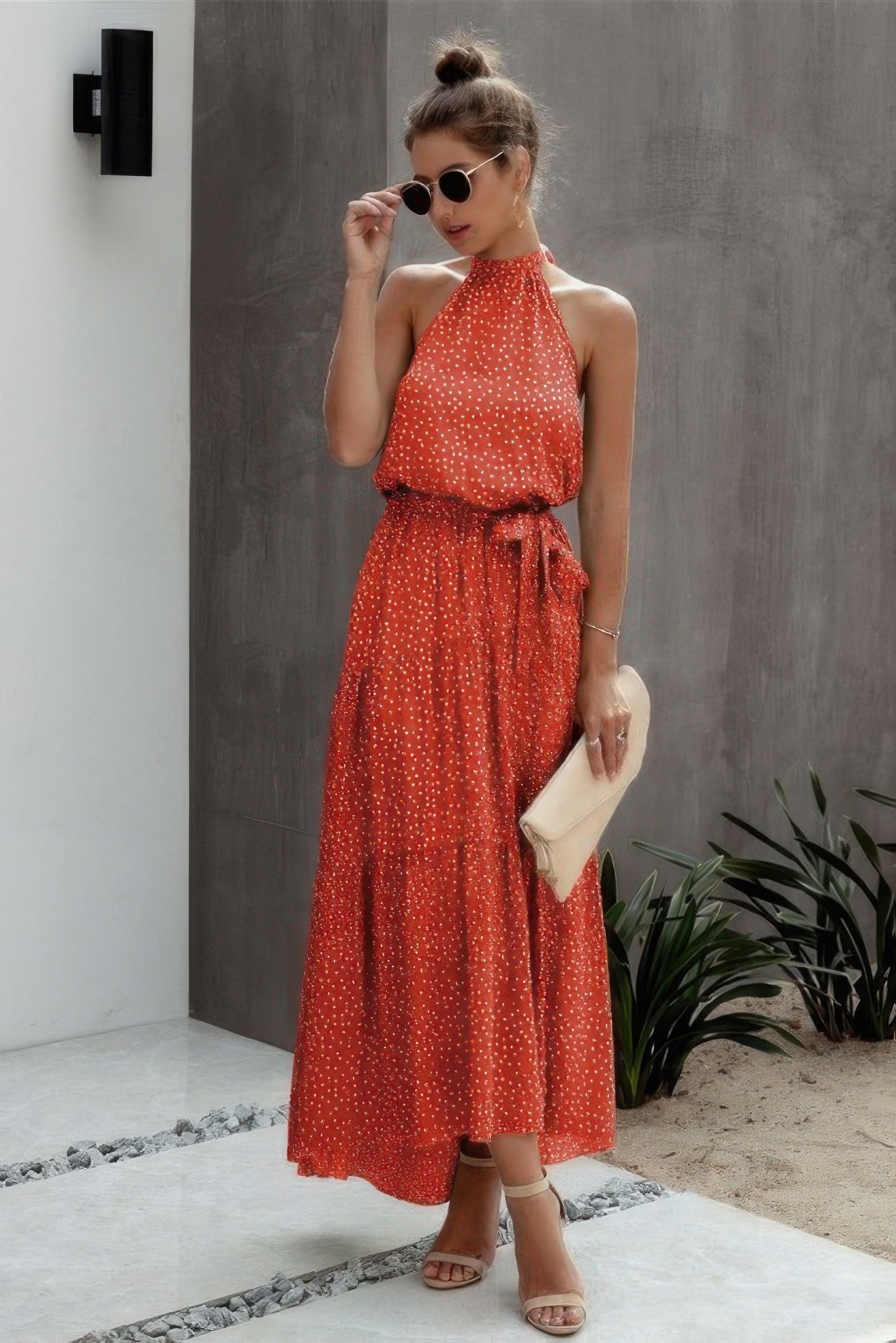 Tie Back Polka Dot Ruffle Hem Halter Dress  Shop One Place
