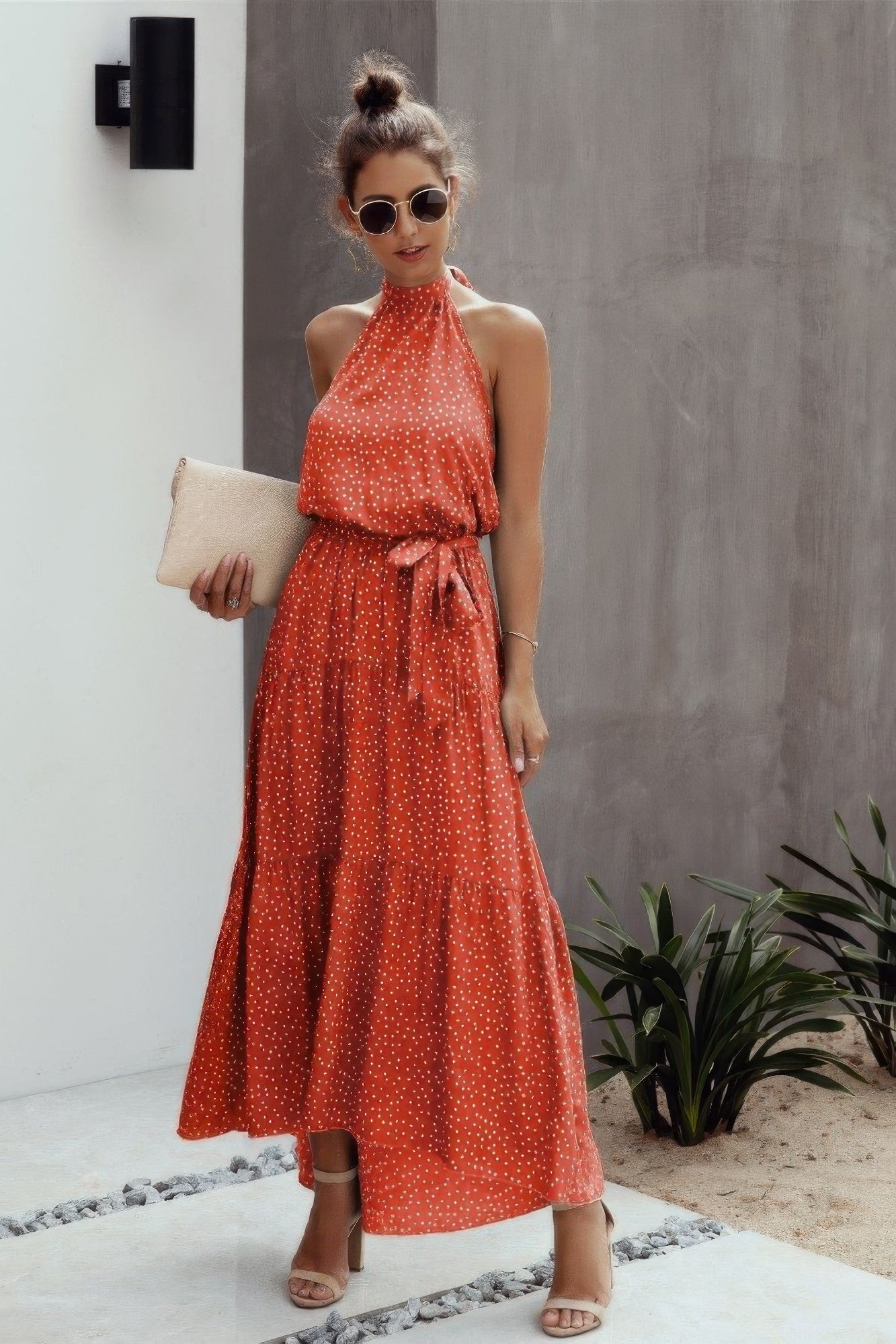 Tie Back Polka Dot Ruffle Hem Halter Dress  Shop One Place