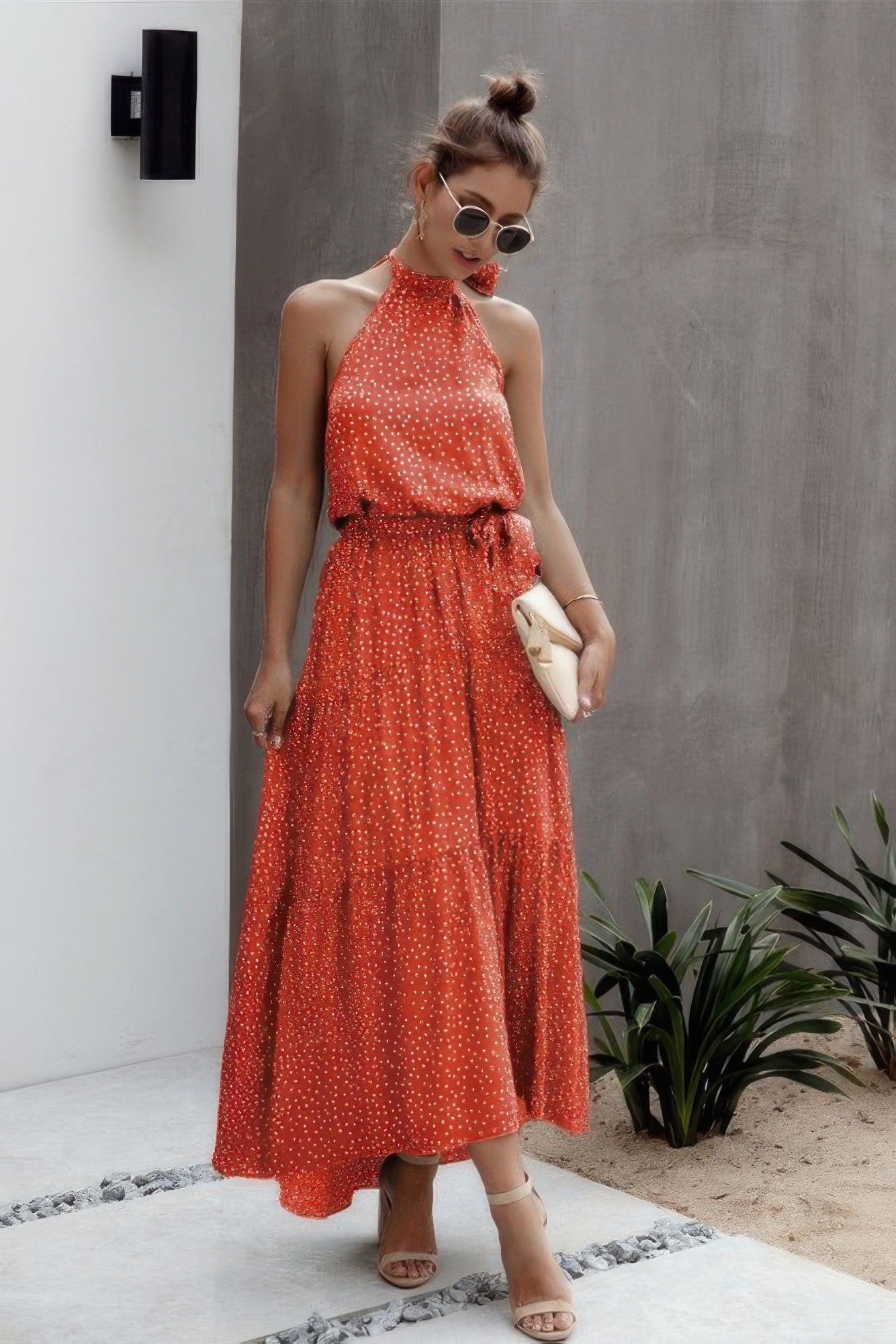 Tie Back Polka Dot Ruffle Hem Halter Dress  Shop One Place