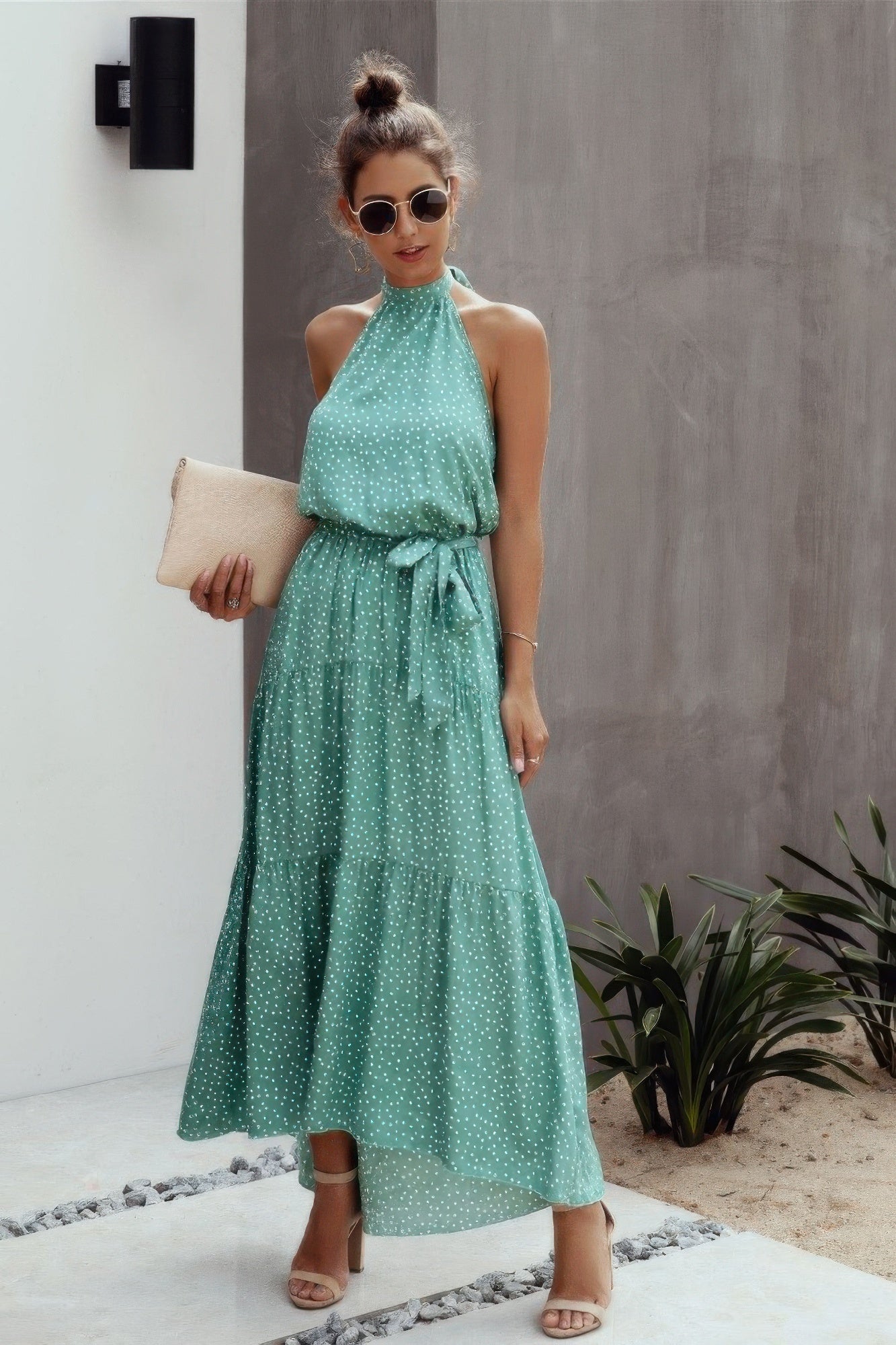 Tie Back Polka Dot Ruffle Hem Halter Dress  Shop One Place
