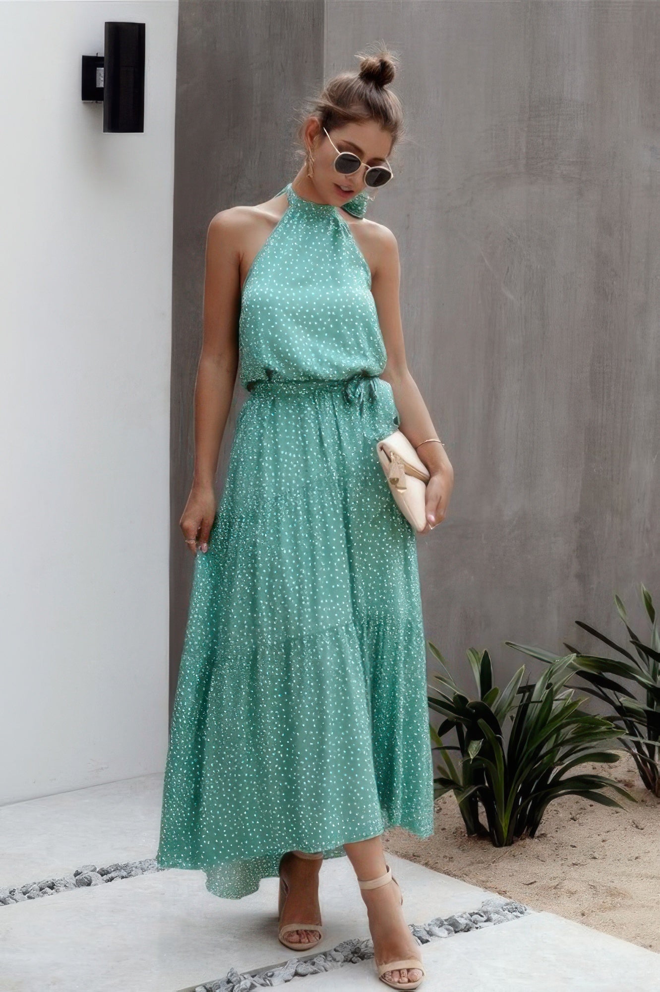Tie Back Polka Dot Ruffle Hem Halter Dress  Shop One Place