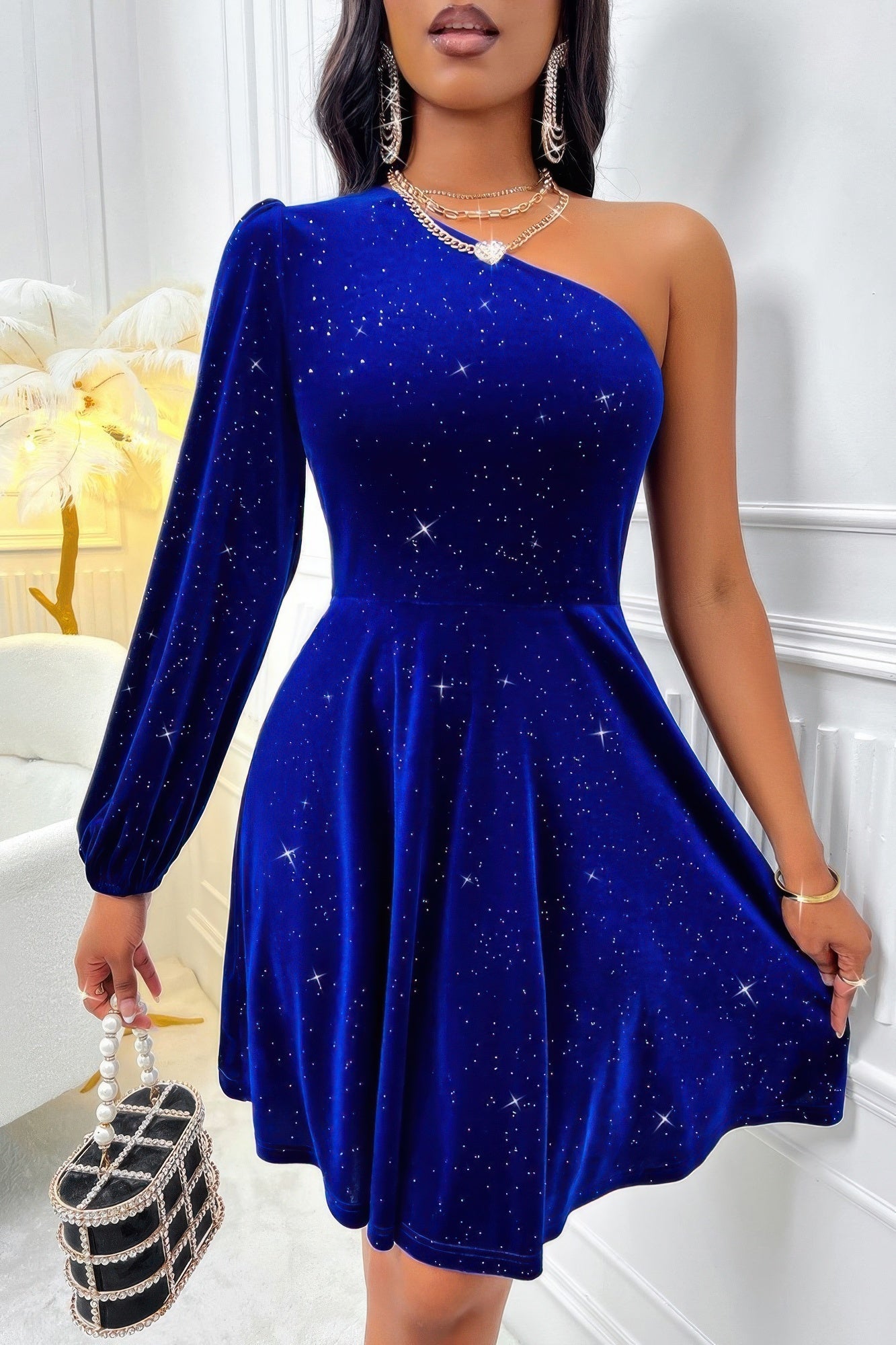 One Shoulder Velvet Lantern Sleeve Cinched Dress  Shop One Place