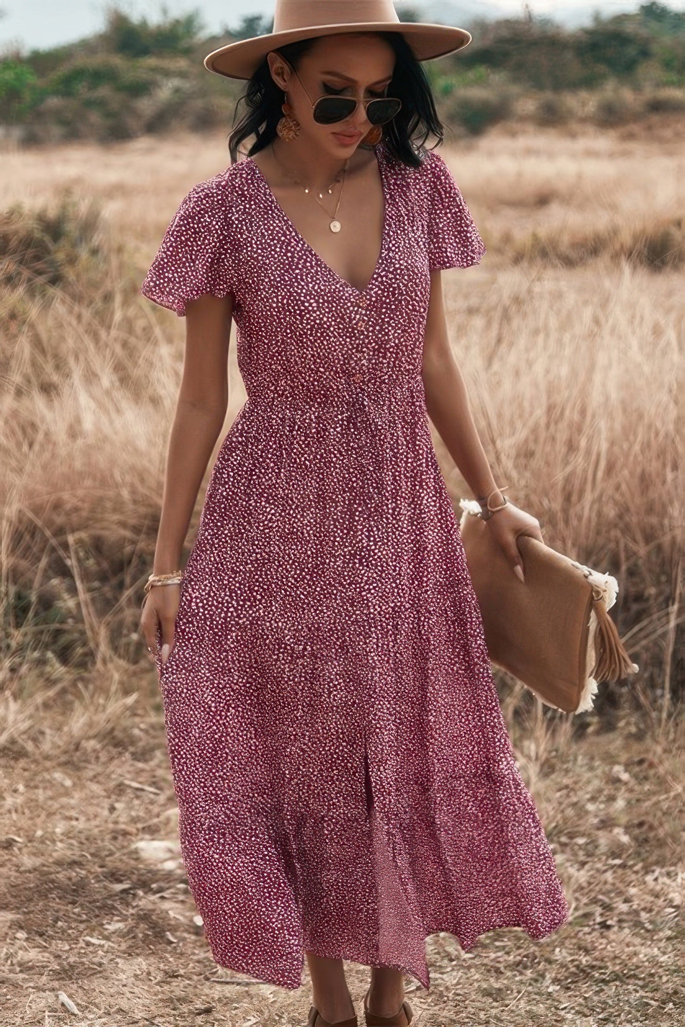 V Neck Polka Dot Short Sleeve Dress  Shop One Place