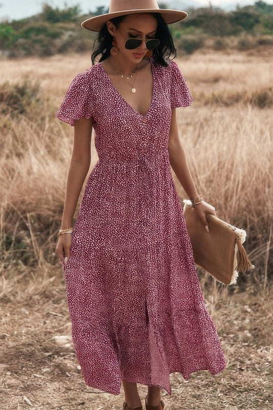 V Neck Polka Dot Short Sleeve Dress  Shop One Place