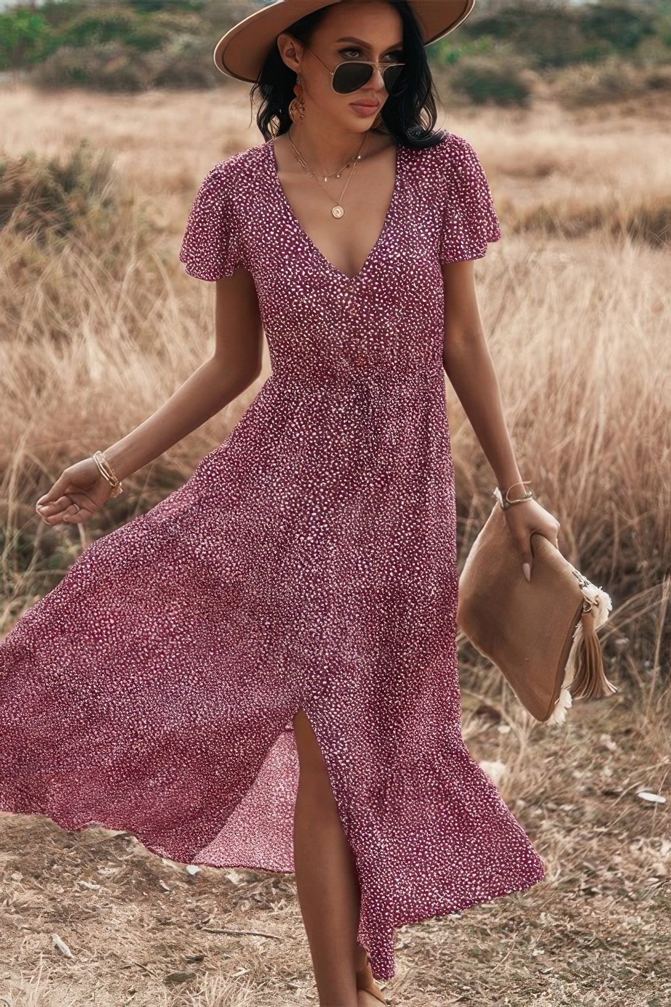 V Neck Polka Dot Short Sleeve Dress  Shop One Place