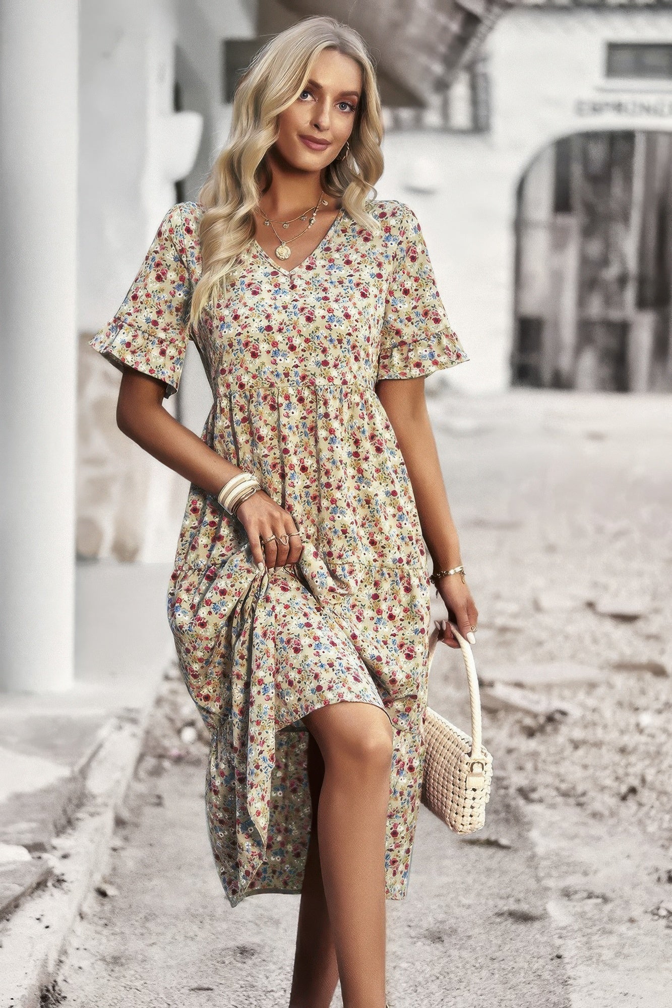 Boho Floral Ruffle Hem V Neck Short Sleeve Dress  Shop One Place
