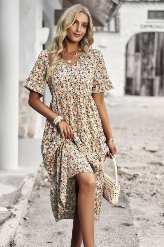 Boho Floral Ruffle Hem V Neck Short Sleeve Dress  Shop One Place