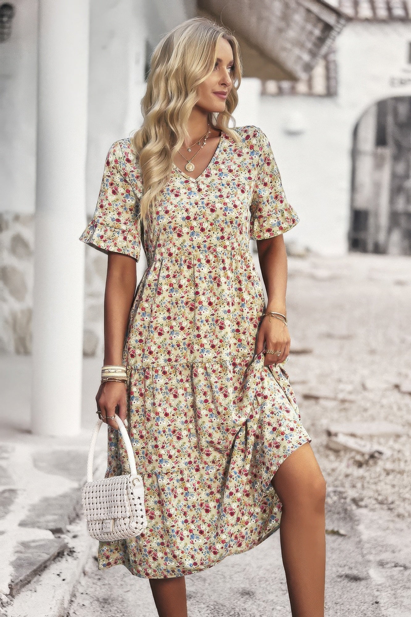 Boho Floral Ruffle Hem V Neck Short Sleeve Dress  Shop One Place