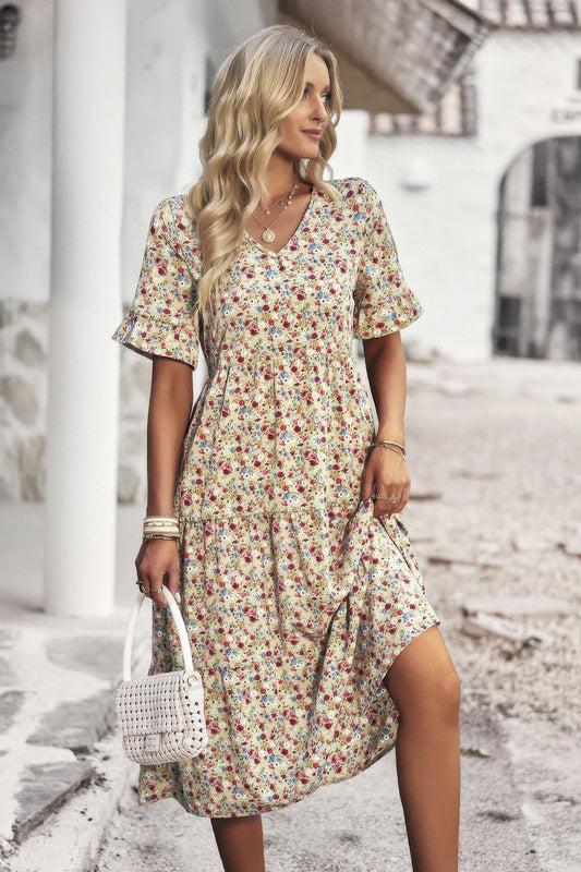 Boho Floral Ruffle Hem V Neck Short Sleeve Dress  Shop One Place