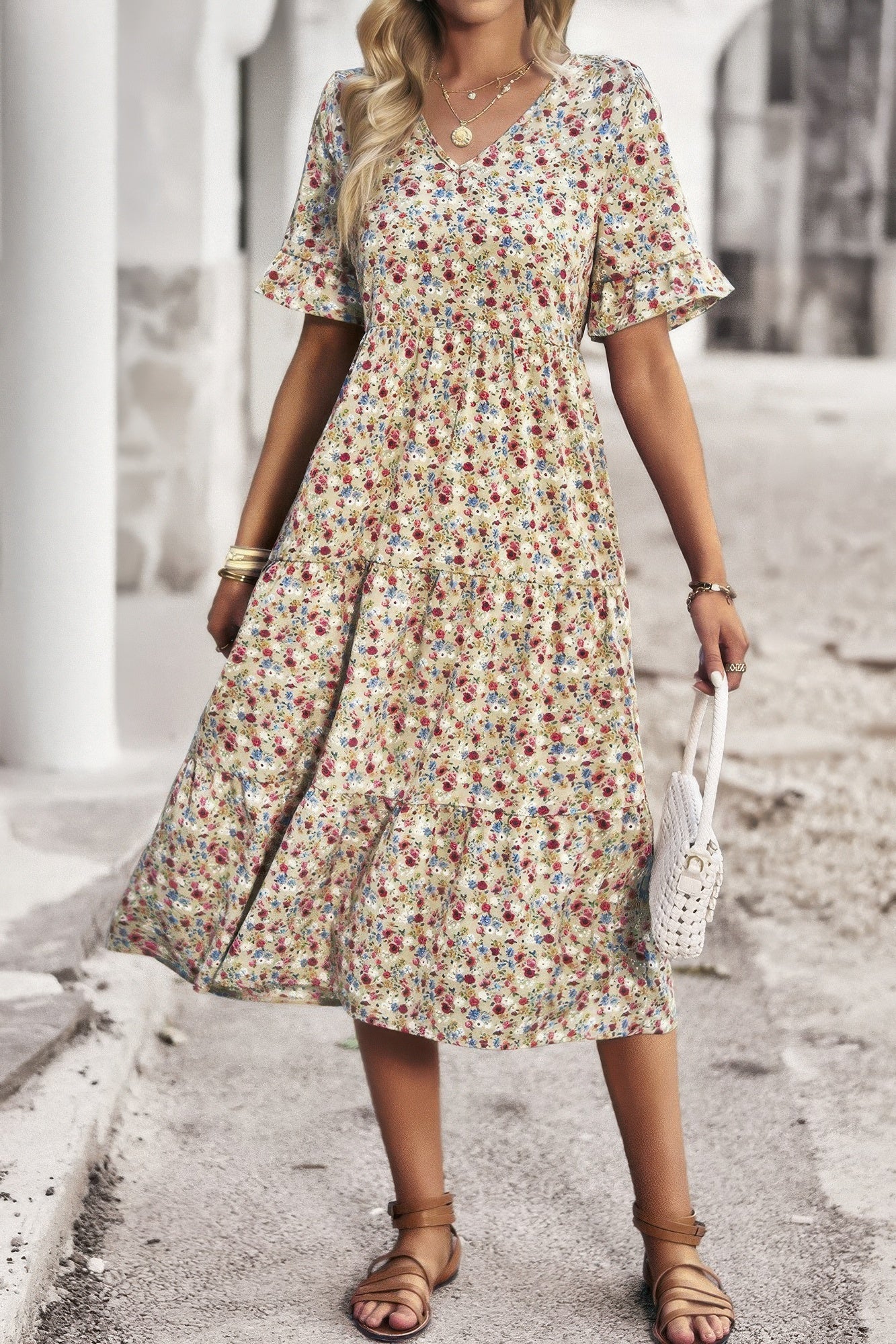 Boho Floral Ruffle Hem V Neck Short Sleeve Dress  Shop One Place