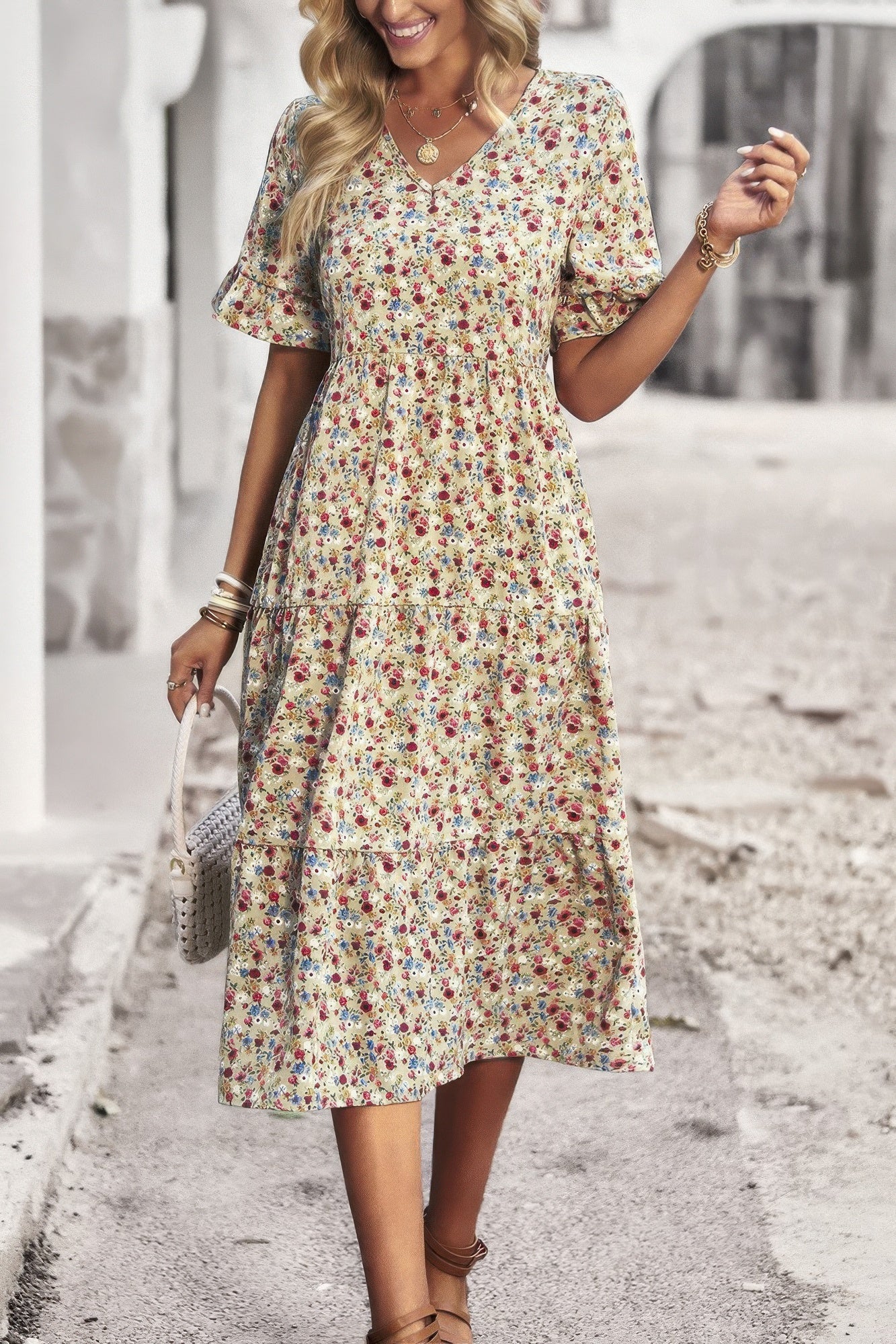 Boho Floral Ruffle Hem V Neck Short Sleeve Dress  Shop One Place