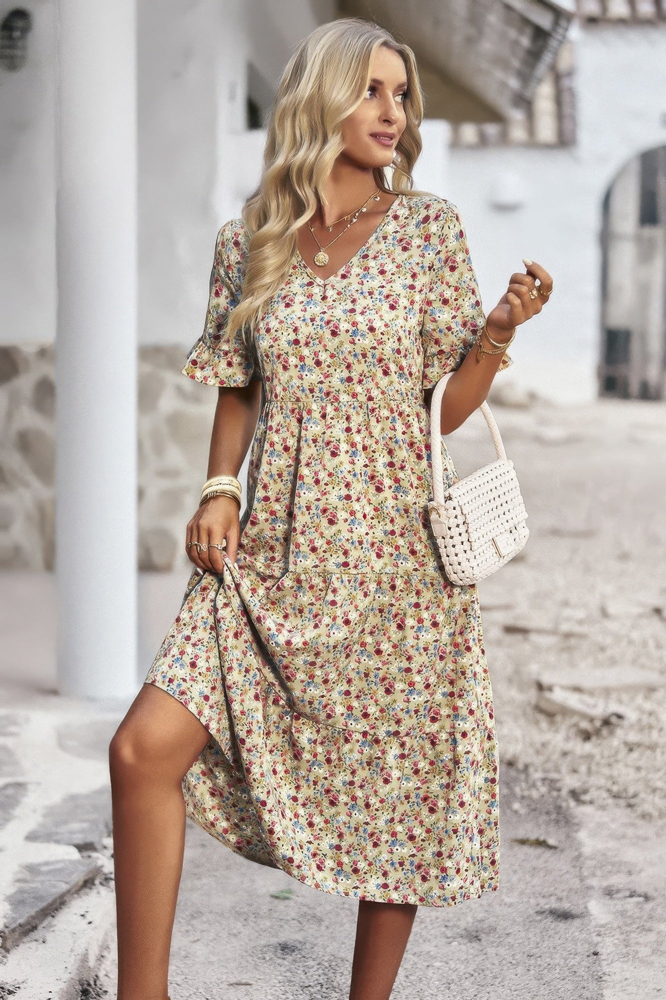 Boho Floral Ruffle Hem V Neck Short Sleeve Dress  Shop One Place
