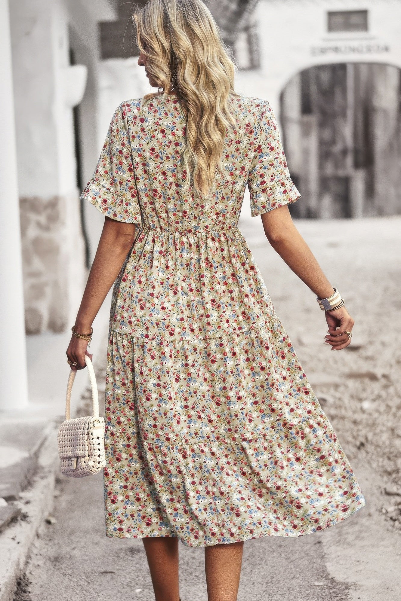 Boho Floral Ruffle Hem V Neck Short Sleeve Dress  Shop One Place
