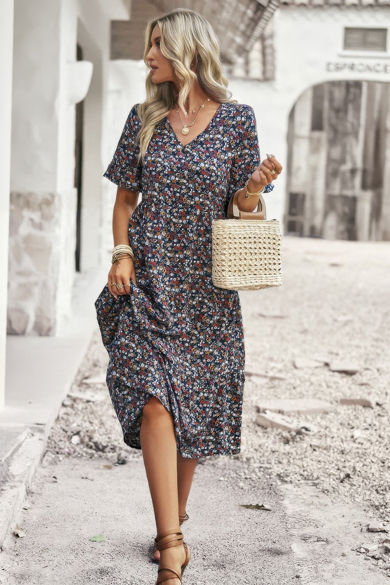 Boho Floral Ruffle Hem V Neck Short Sleeve Dress  Shop One Place