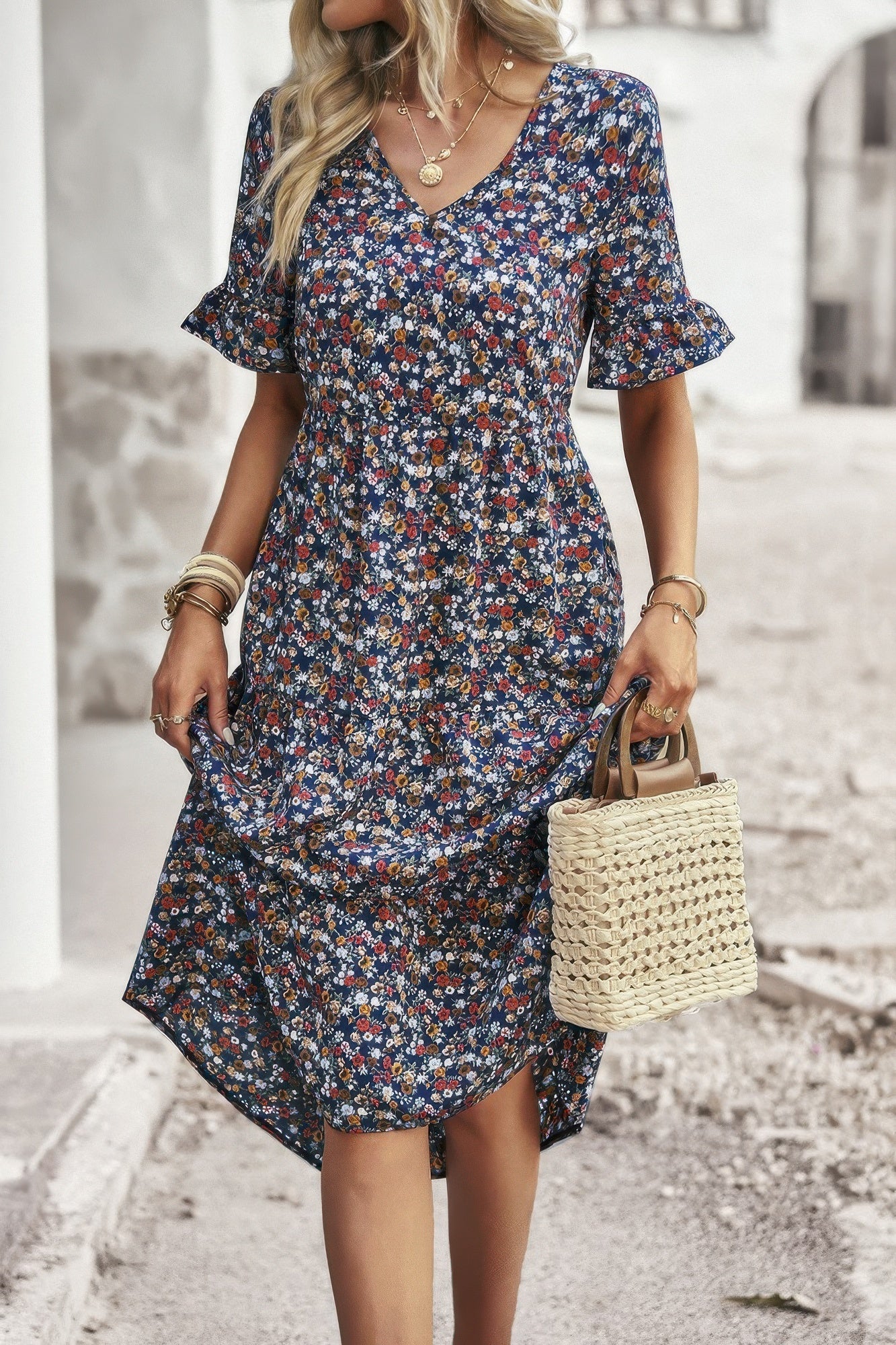 Boho Floral Ruffle Hem V Neck Short Sleeve Dress  Shop One Place
