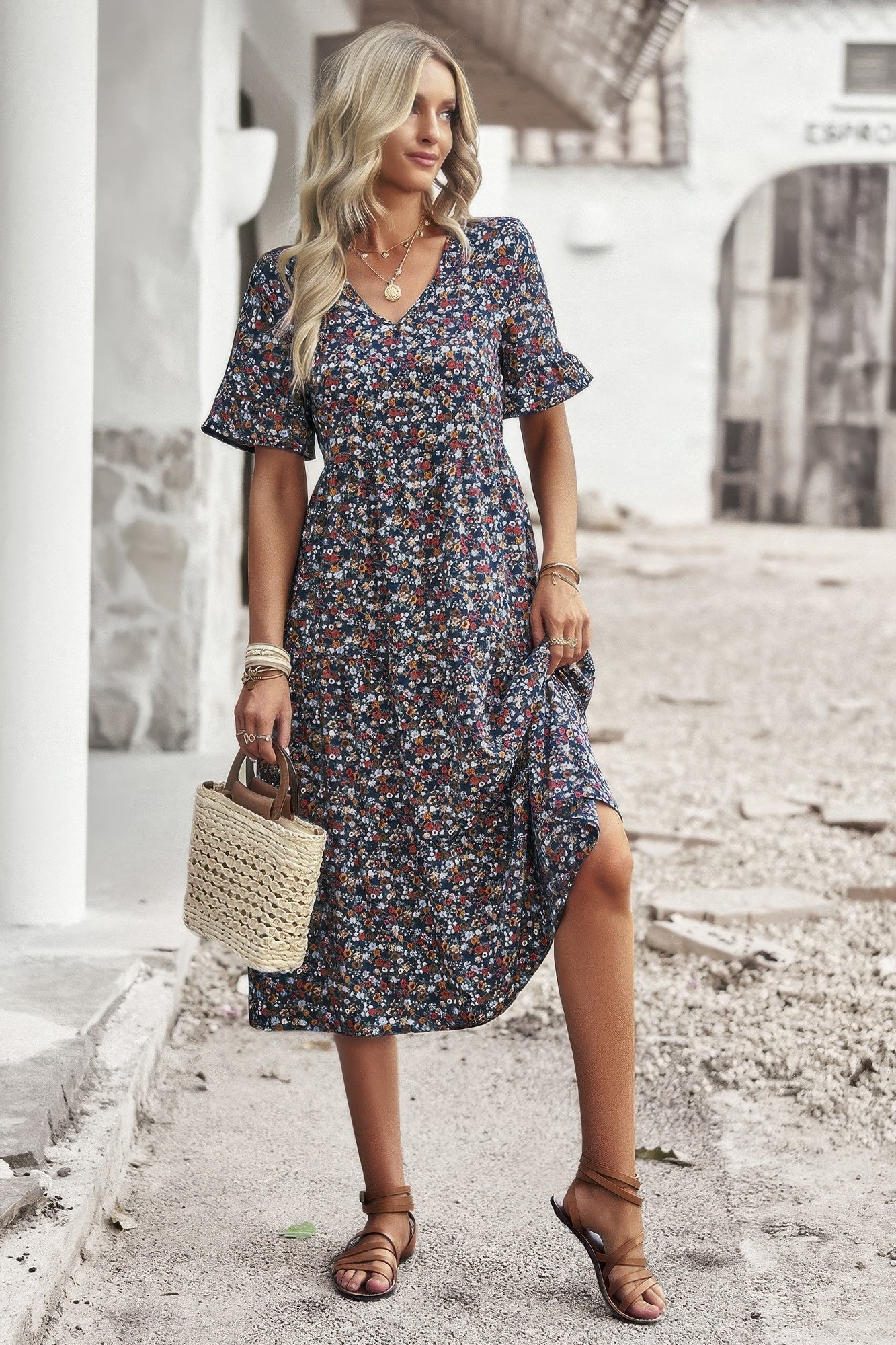 Boho Floral Ruffle Hem V Neck Short Sleeve Dress  Shop One Place