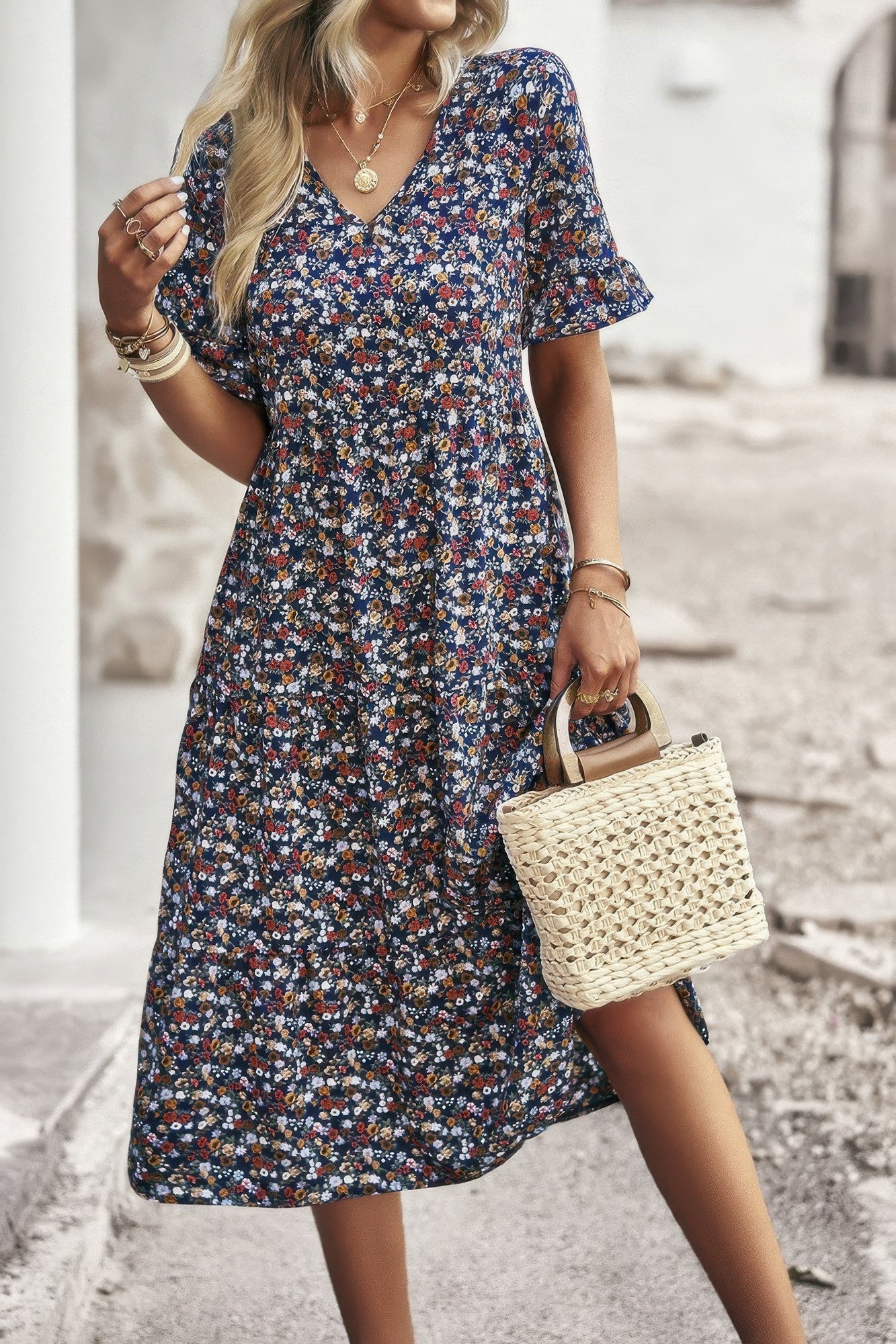 Boho Floral Ruffle Hem V Neck Short Sleeve Dress  Shop One Place