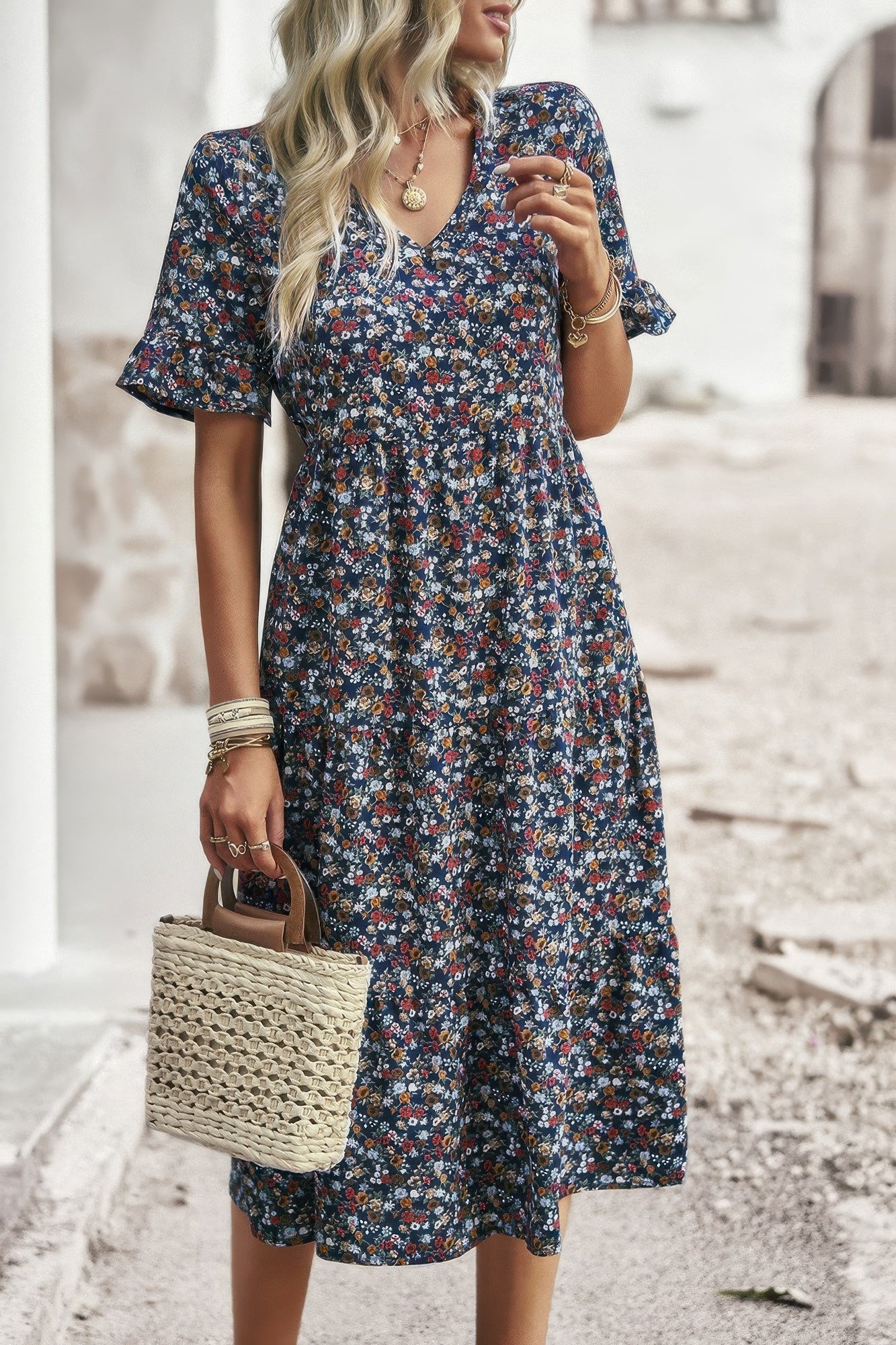 Boho Floral Ruffle Hem V Neck Short Sleeve Dress  Shop One Place