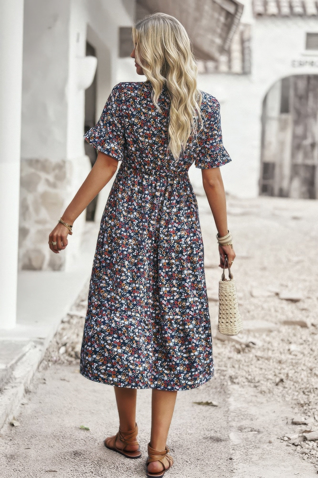 Boho Floral Ruffle Hem V Neck Short Sleeve Dress  Shop One Place