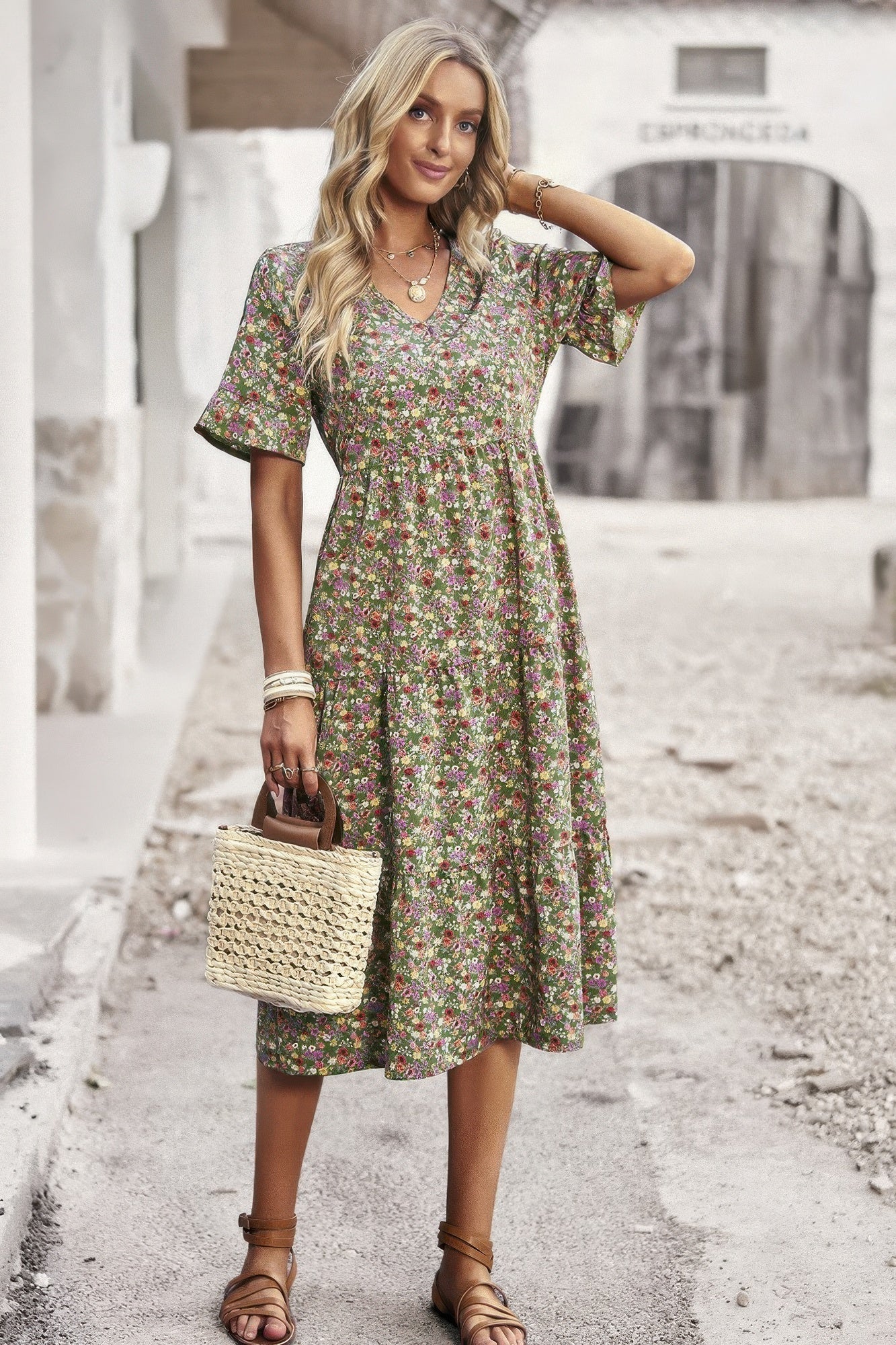 Boho Floral Ruffle Hem V Neck Short Sleeve Dress  Shop One Place