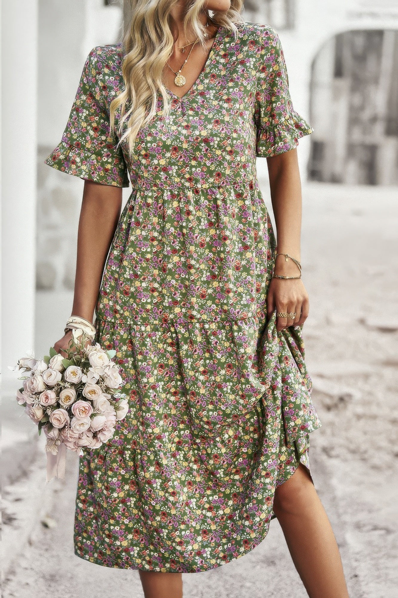 Boho Floral Ruffle Hem V Neck Short Sleeve Dress  Shop One Place