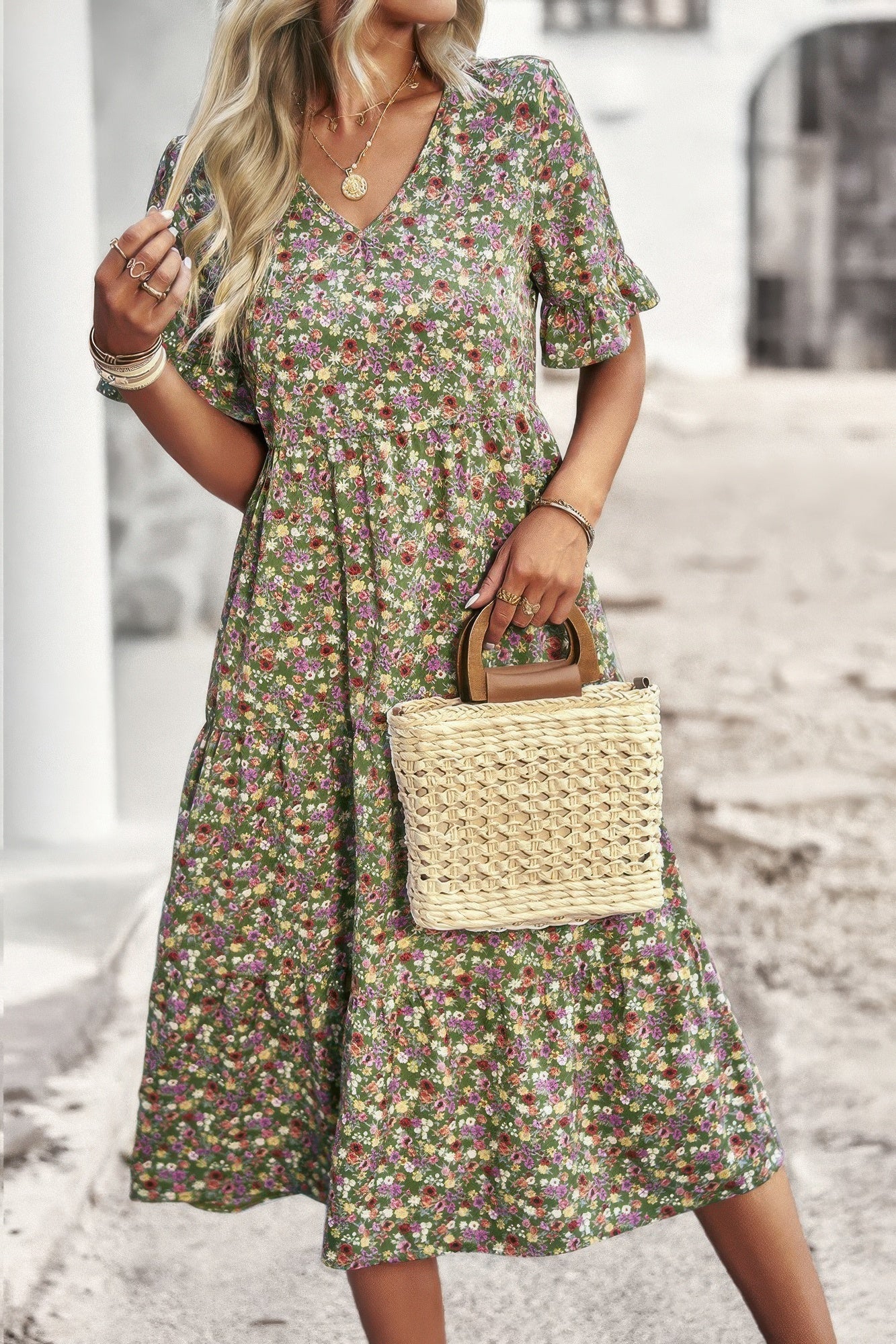 Boho Floral Ruffle Hem V Neck Short Sleeve Dress  Shop One Place