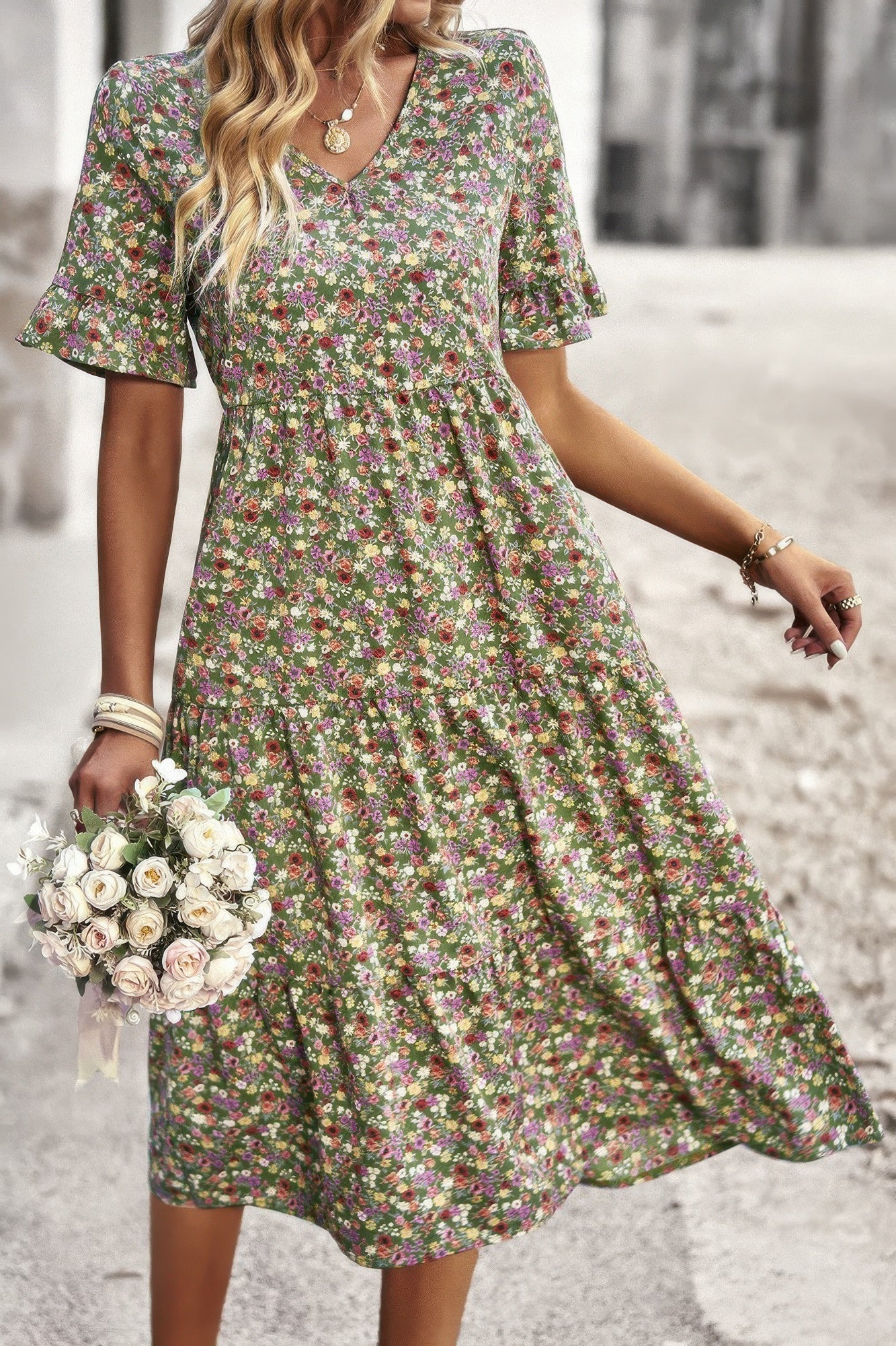 Boho Floral Ruffle Hem V Neck Short Sleeve Dress  Shop One Place