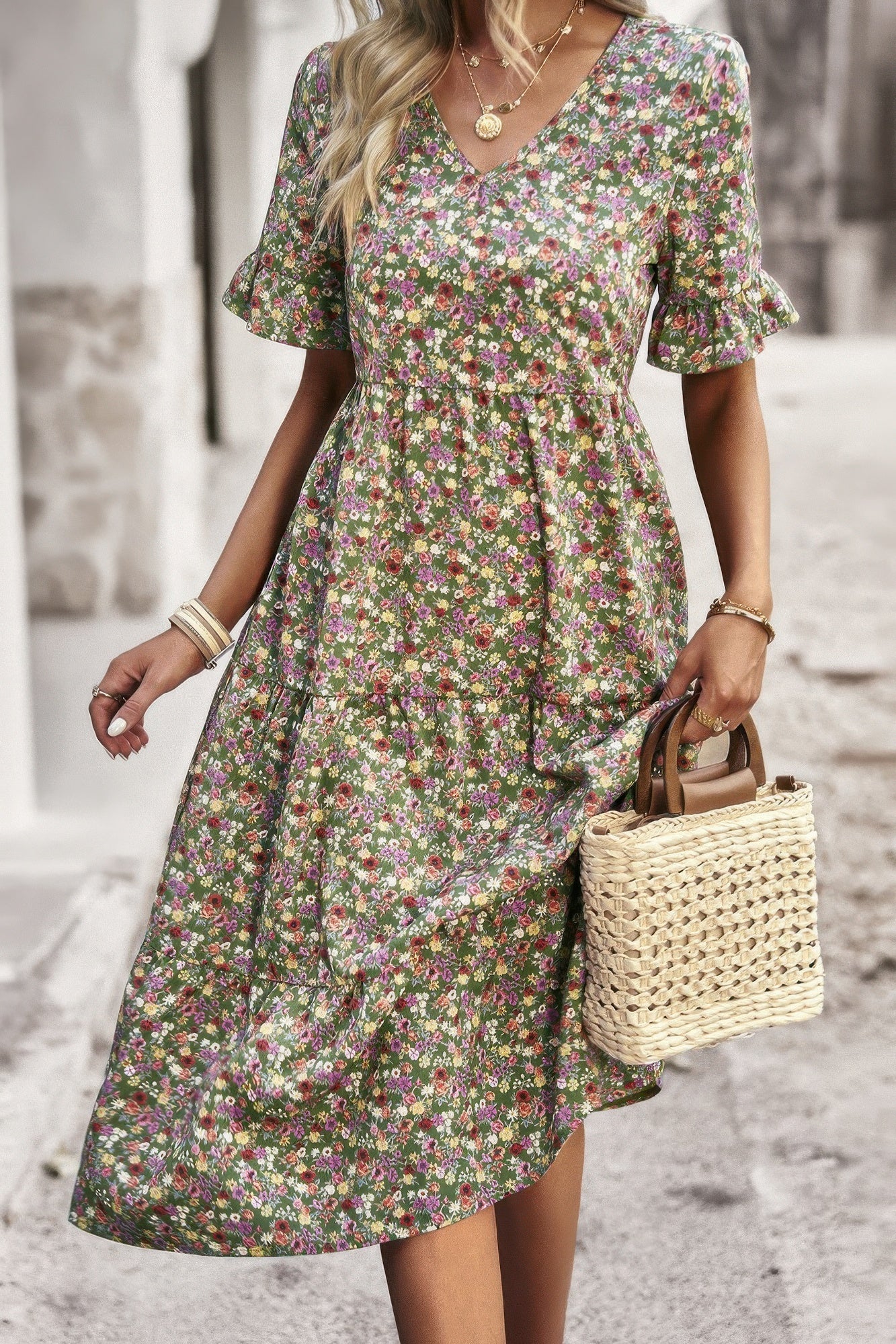 Boho Floral Ruffle Hem V Neck Short Sleeve Dress  Shop One Place